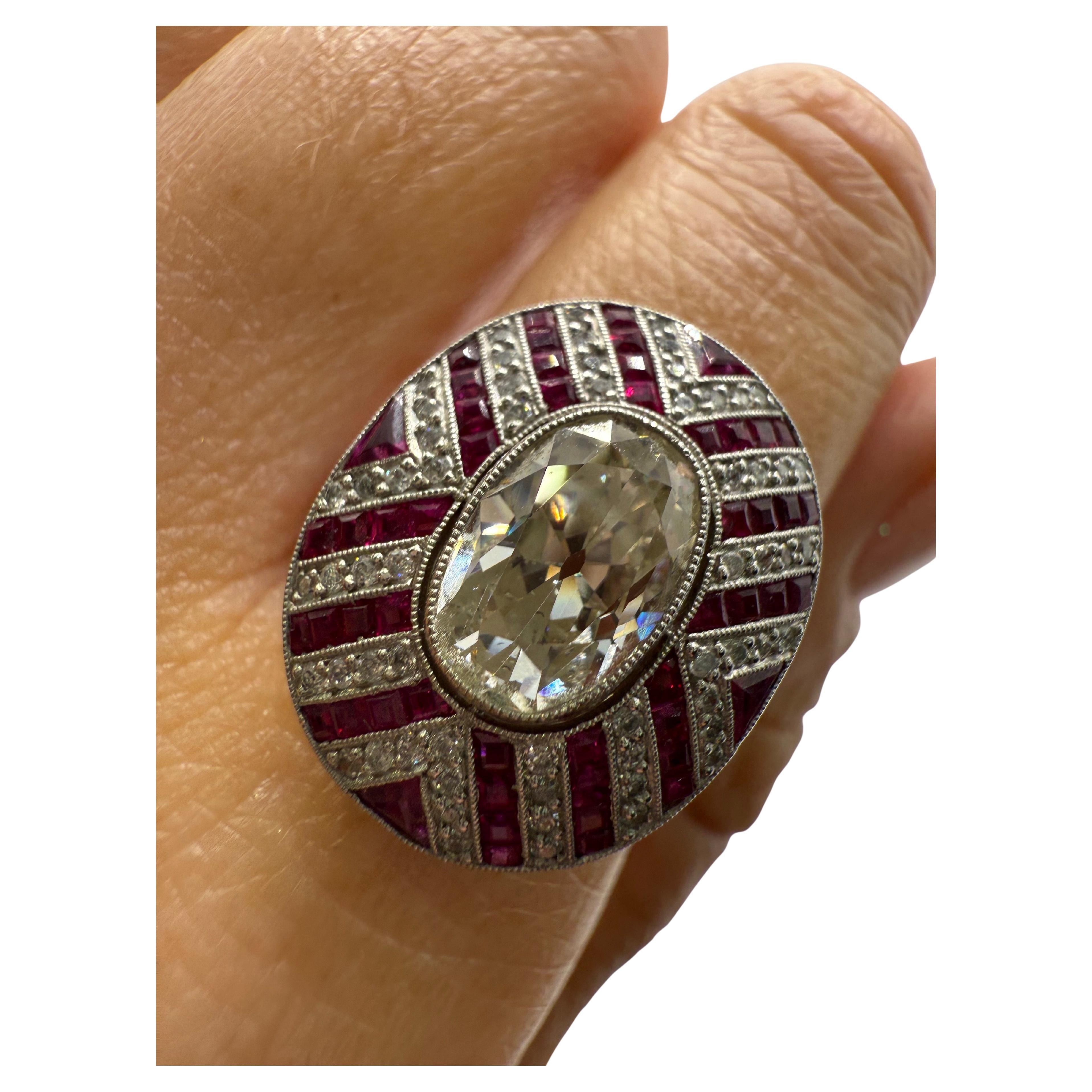 2.44ct oval center Antique Diamond ring with rubies HANDMADE in platinum For Sale