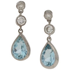 Art Deco Style Aquamarine and Diamond Drop Earrings Set in 18k White Gold