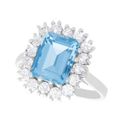 Vintage 2.45 Carat Emerald Cut Aquamarine and Diamond White Gold Statement Ring