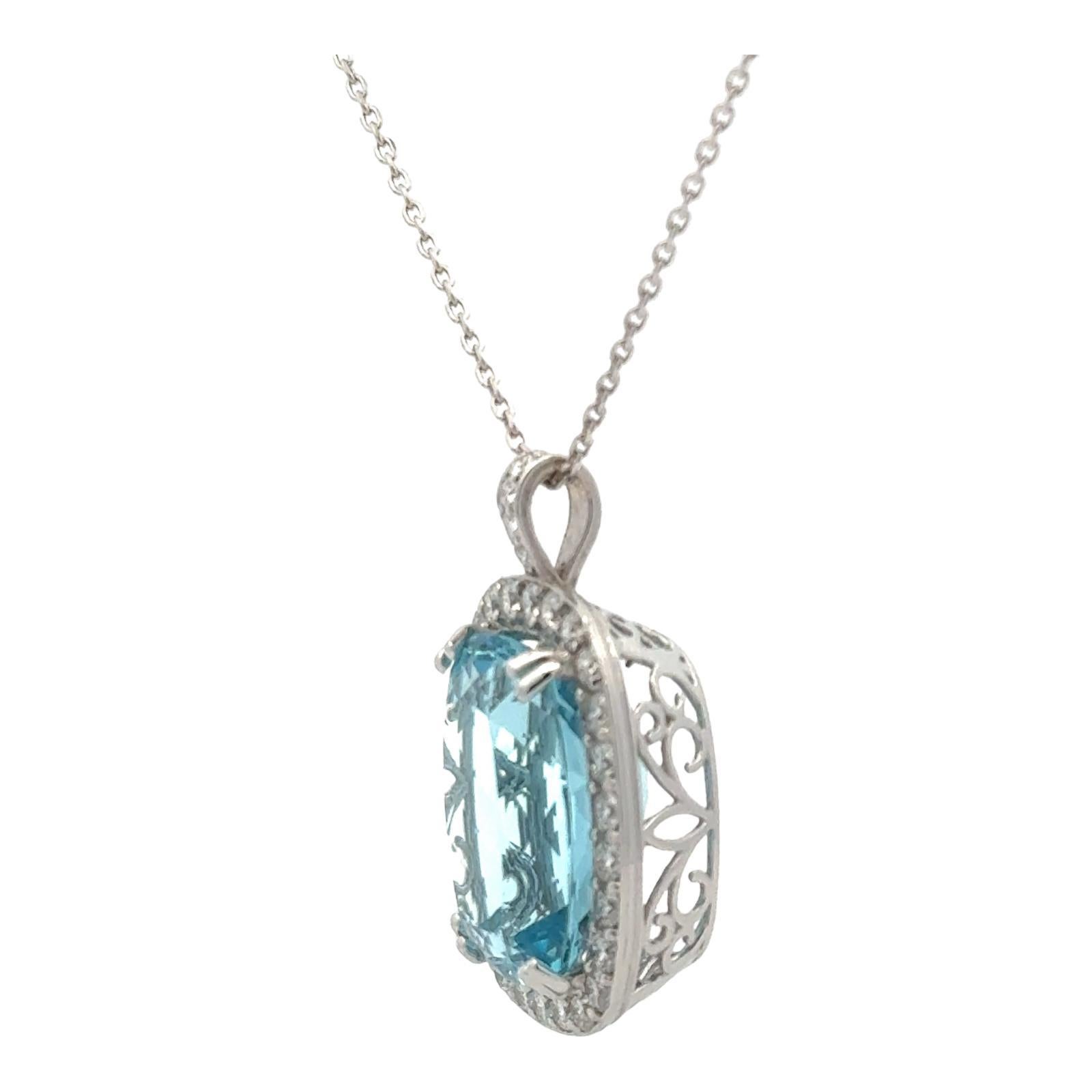 Cushion Cut 24.5 Carat Aquamarine & Diamond 18 Karat White Gold Pendant GIA Certified For Sale