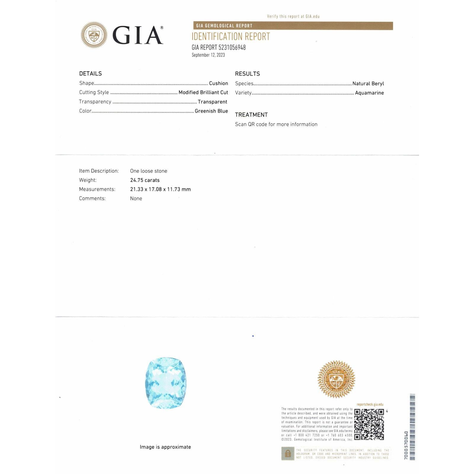 Women's 24.5 Carat Aquamarine & Diamond 18 Karat White Gold Pendant GIA Certified For Sale