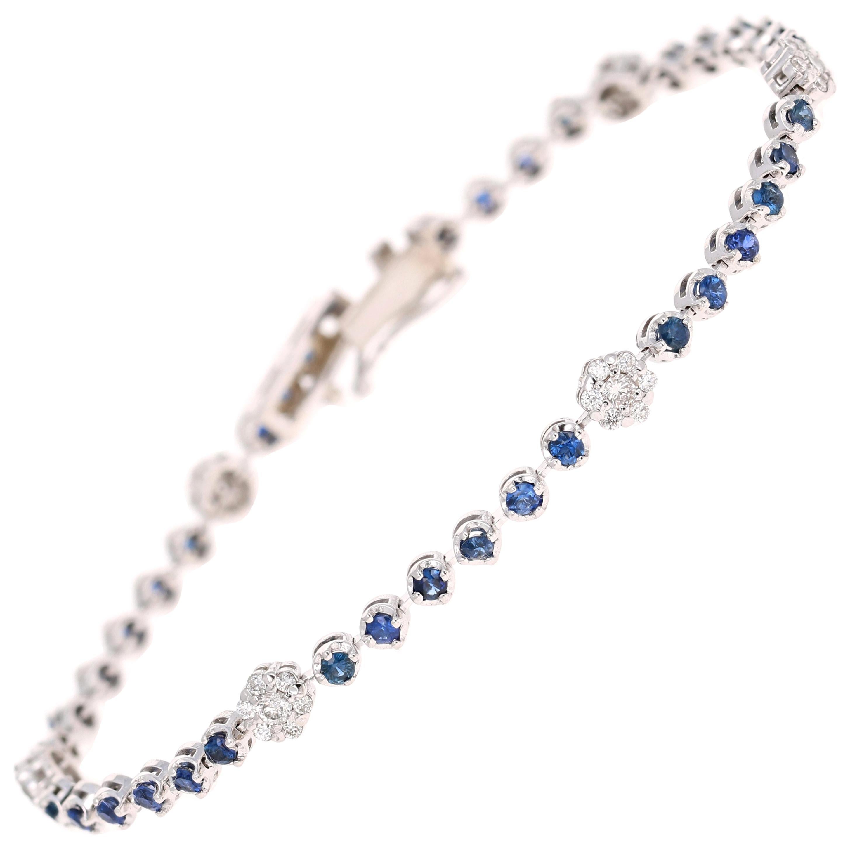 2.45 Carat Blue Sapphire Diamond Bracelet 14 Karat White Gold
