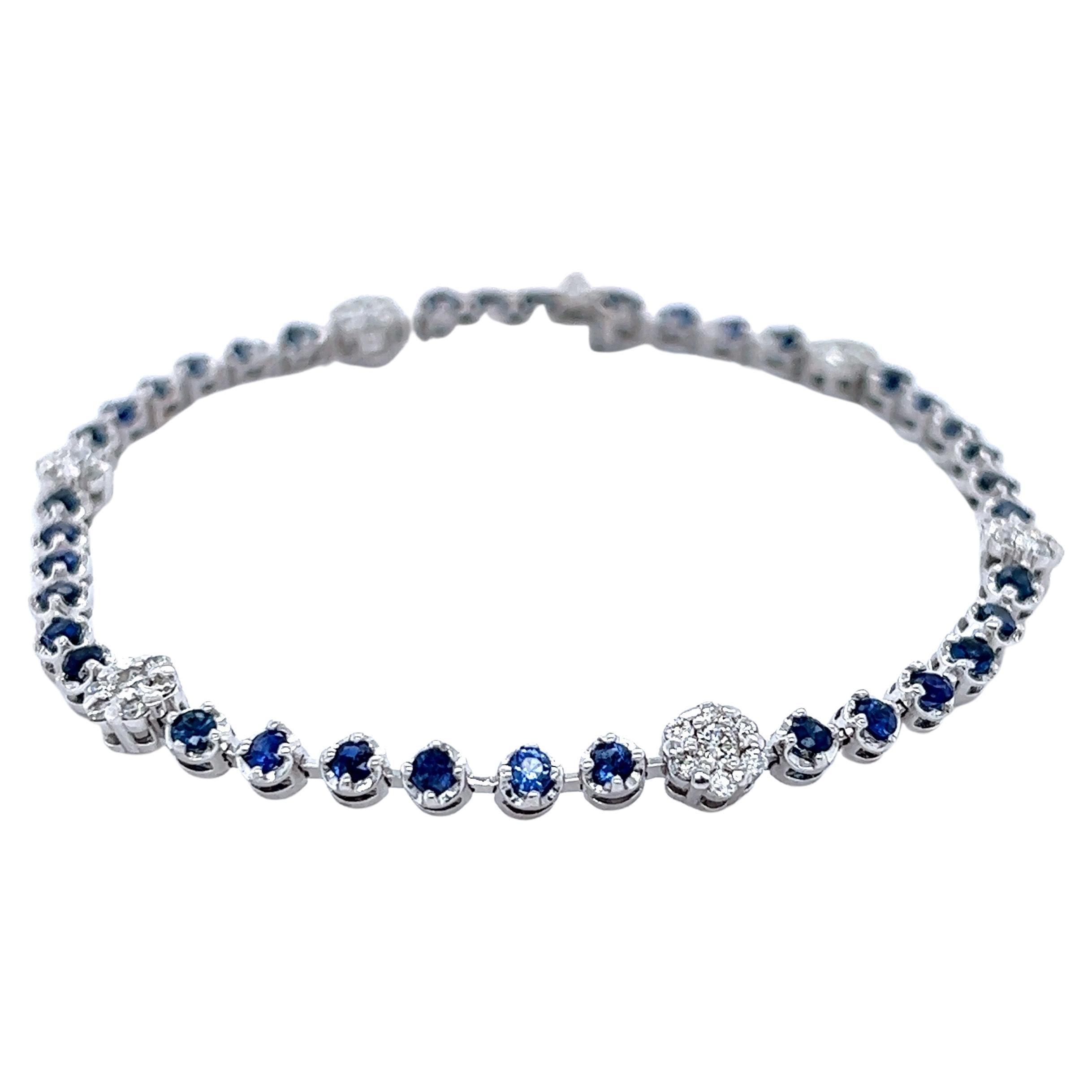 2.45 Carat Blue Sapphire White Diamond 14 Karat White Gold Bracelet For Sale