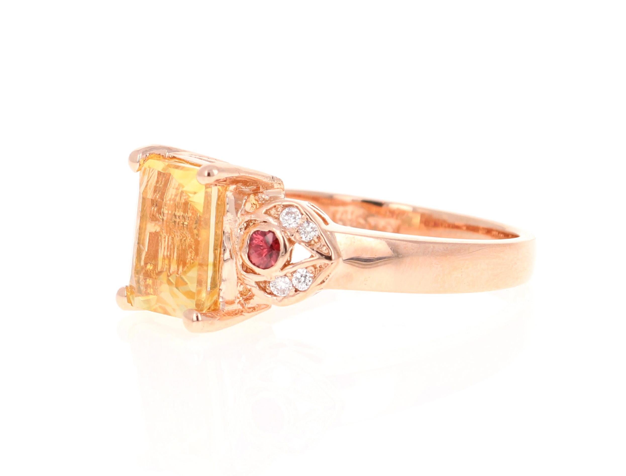 2.45 Carat Citrine Sapphire Diamond Rose Gold Engagement Ring

This gorgeous ring has a beautiful Emerald Cut Citrine Quartz weighing 2.24 Carats and is surrounded by a total of 2 Red Sapphires weighing 0.13 Carats and 8 Round Cut Diamonds weighing