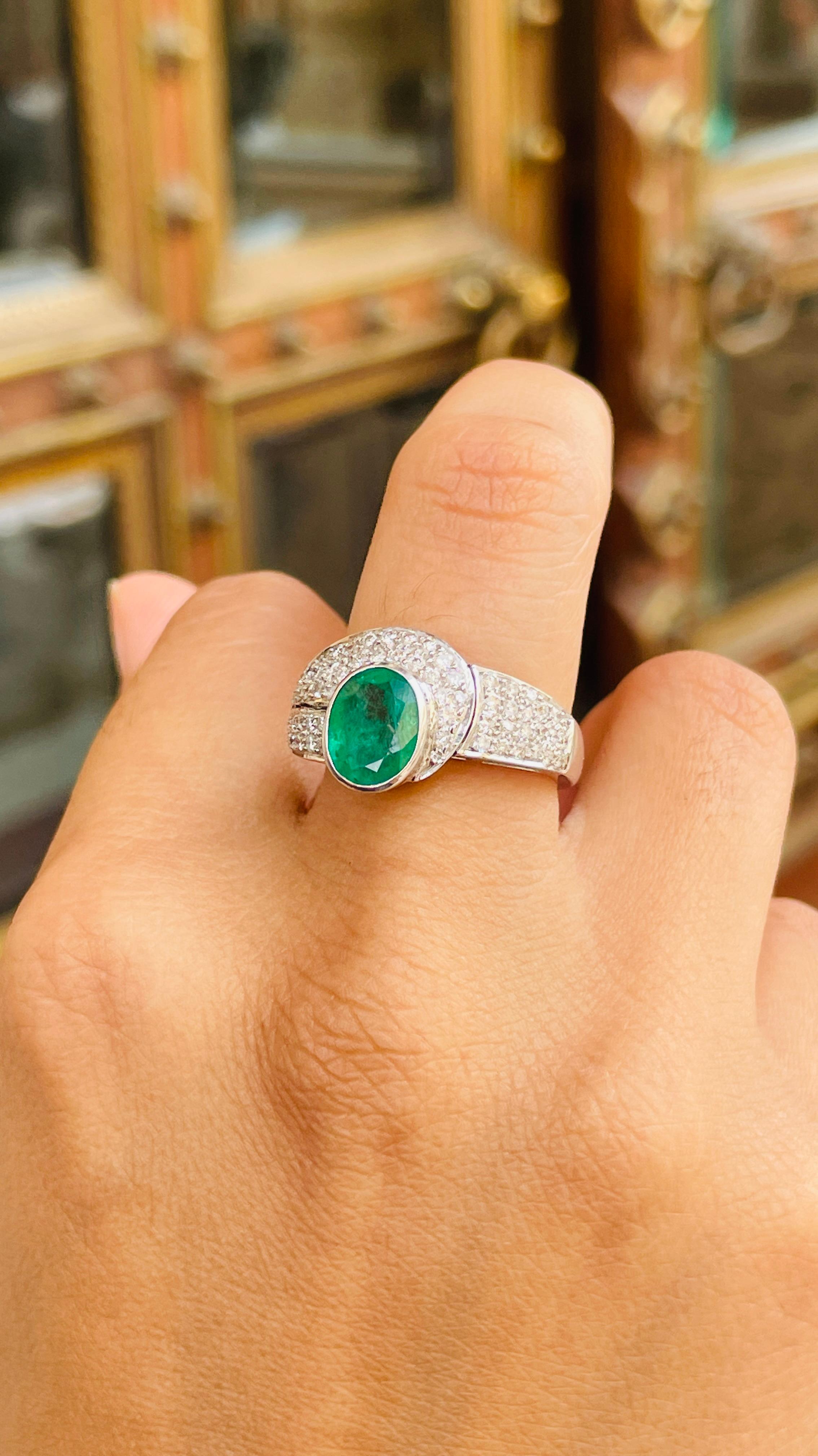 For Sale:  2.45 Carat Emerald and Diamond Ring in 18K White Gold  2