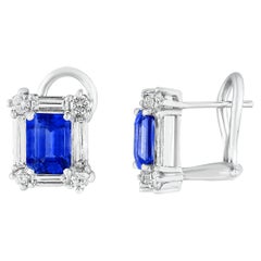 2.45 Carat Emerald Cut Blue Sapphire Diamond Earrings in 14K White Gold