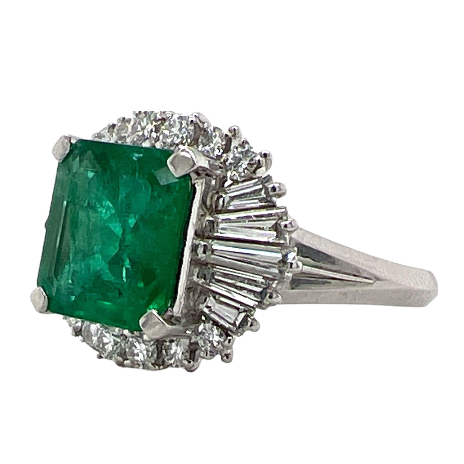 Emerald Cut 2.45 Carat Emerald Diamond Platinum Ballerina Cocktail Ring