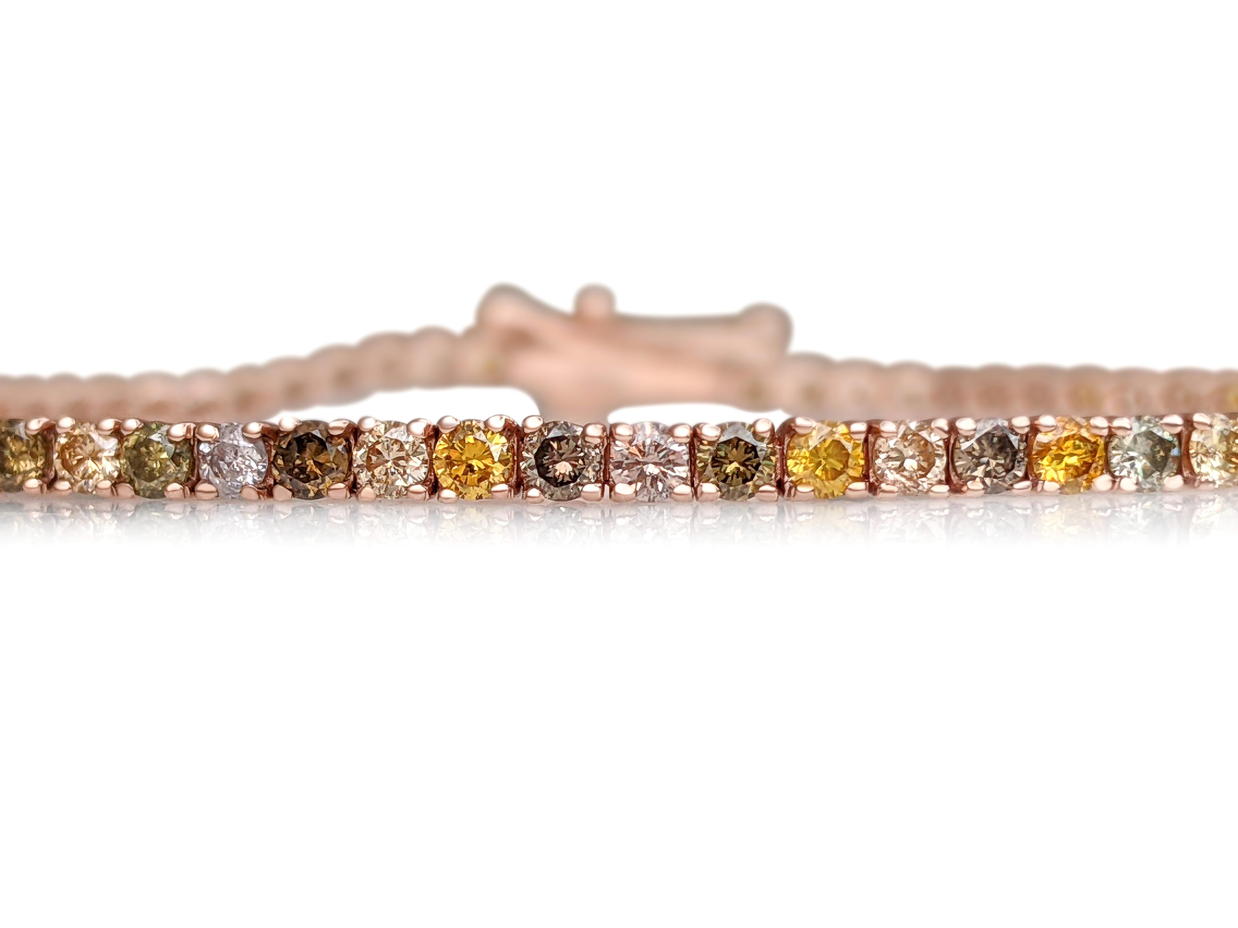 NO RESERVE! 2.45ct Fancy Color Diamond Tennis Riviera, 14K Pink Gold Bracelet In New Condition In Ramat Gan, IL