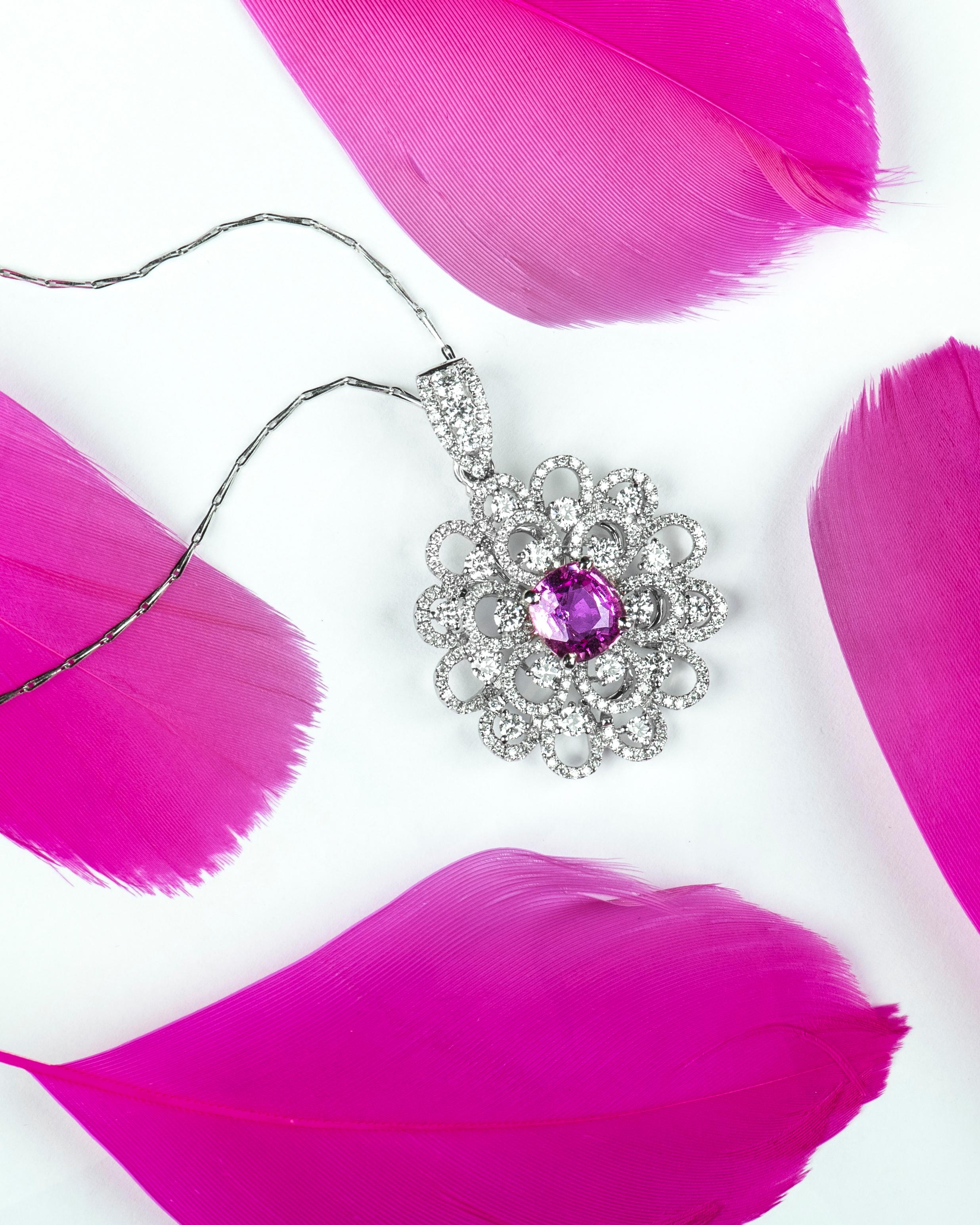 2.45 Carat GIA, Natural Pink Sapphire Set in 18k Diamond Floral Pendant Necklace In New Condition For Sale In Houston, TX