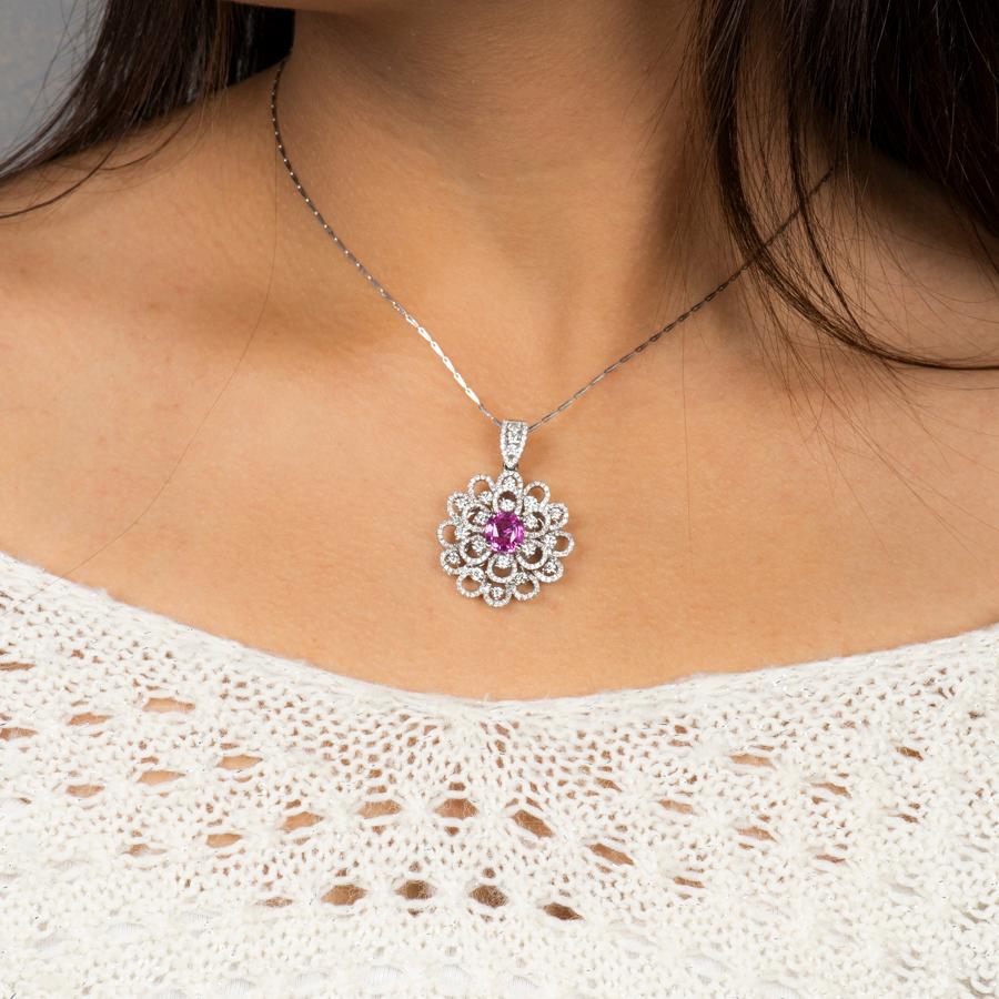 Women's 2.45 Carat GIA, Natural Pink Sapphire Set in 18k Diamond Floral Pendant Necklace For Sale