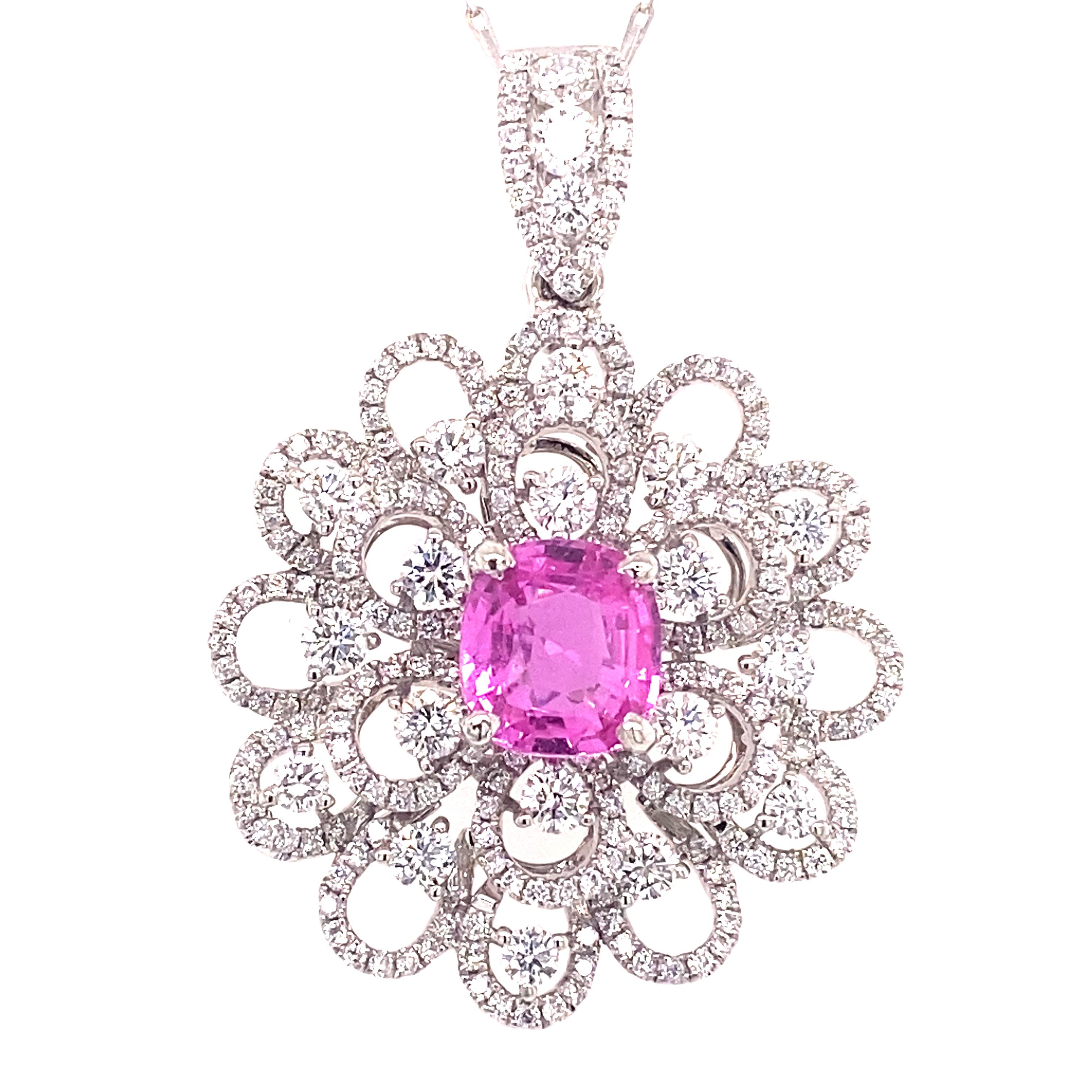 2.45 Carat GIA certified  cushion cut natural pink sapphire set in an 18k white gold floral pendant with 2.09 carats total weight of round brilliant diamonds. 16