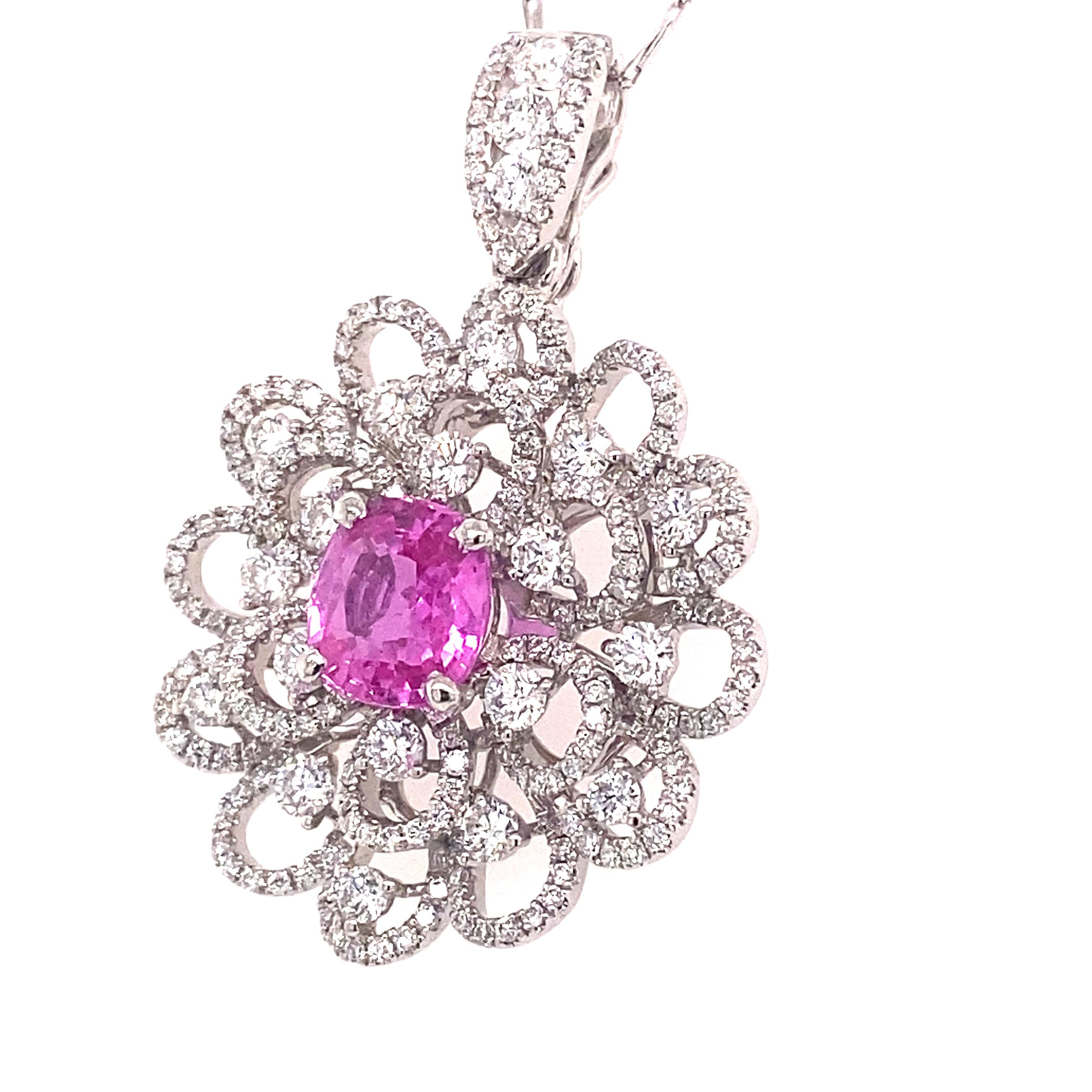 Cushion Cut 2.45 Carat GIA, Natural Pink Sapphire Set in 18k Diamond Floral Pendant Necklace For Sale