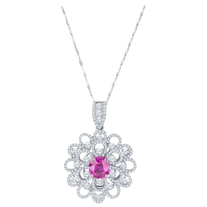 2.45 Carat GIA, Natural Pink Sapphire Set in 18k Diamond Floral Pendant Necklace