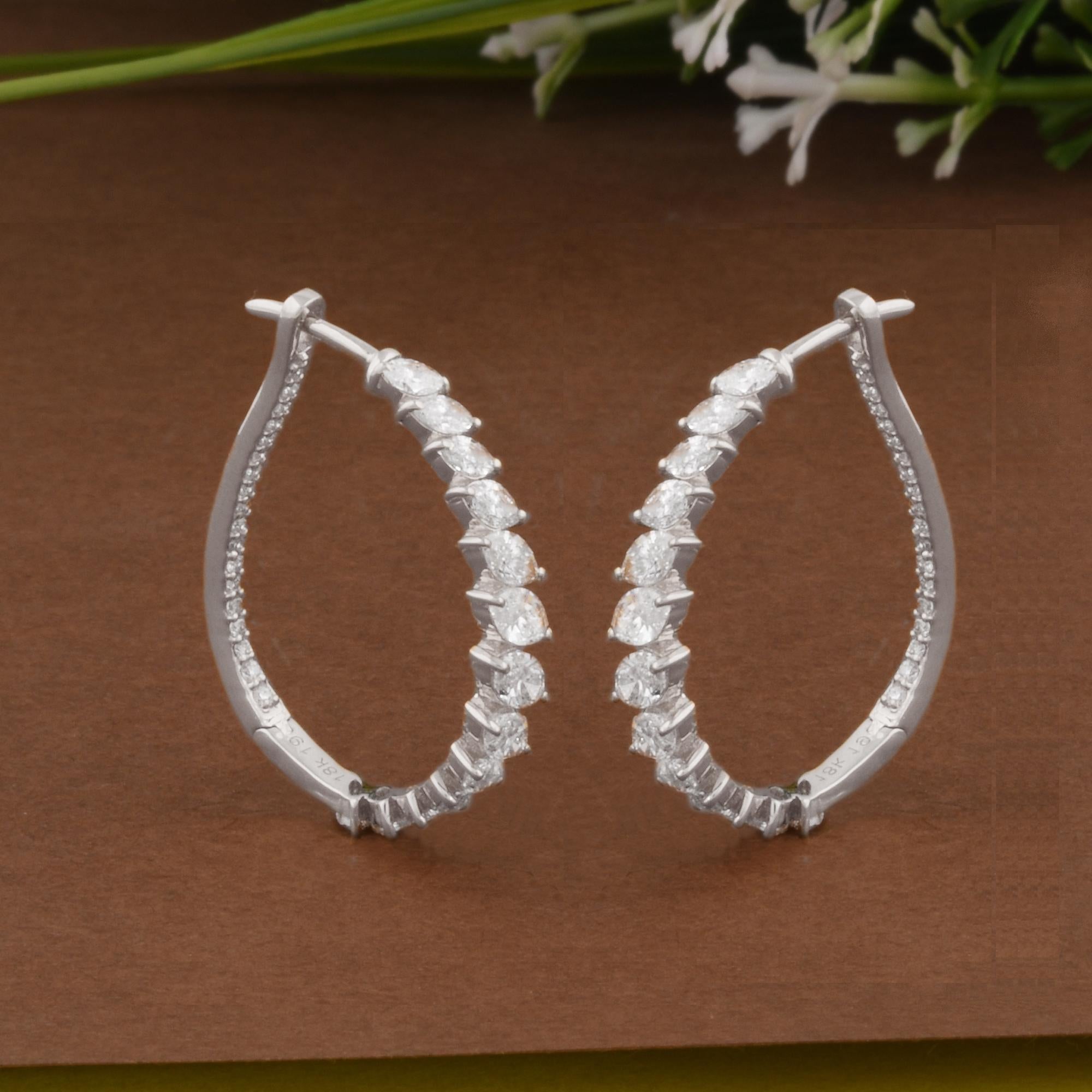 2.45 Carat Marquise Diamond Hoop Earrings 18 Karat White Gold Handmade Jewelry For Sale 1