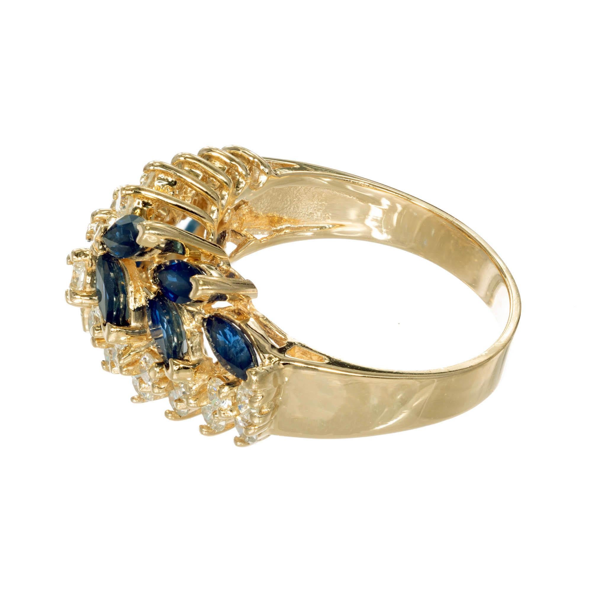 Marquise Cut 2.45 Carat Marquise Sapphire Round Diamond Yellow Gold Cocktail Ring