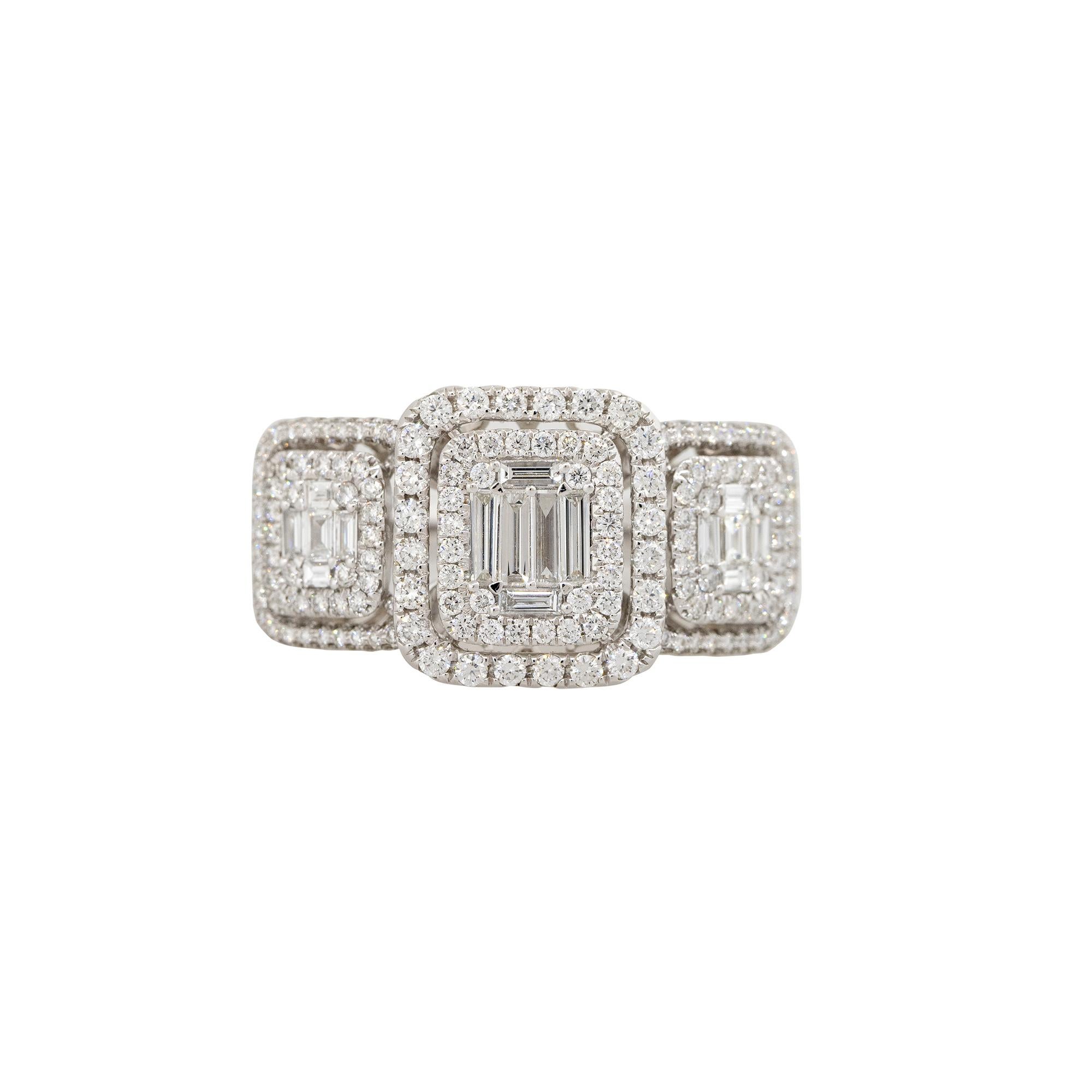 18k White Gold 2.45ctw Mosaic Diamond 3 Station Ring

Product: Large 3-Station Diamond Band
Material: 18k White Gold
Diamond Details: There are approximately 2.45 carats of Baguette and Round Brilliant cut diamonds. There are 382 stones