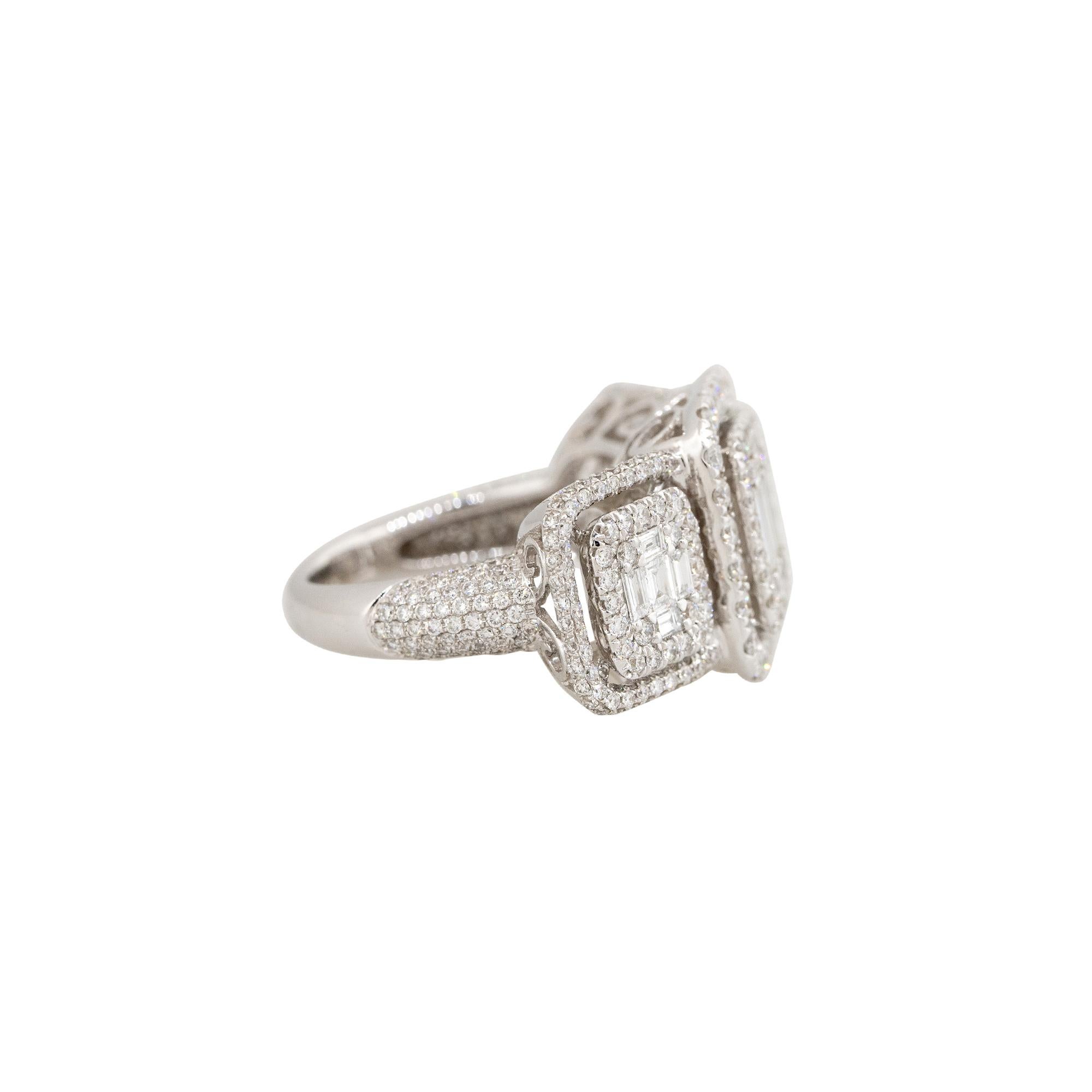 Baguette Cut 2.45 Carat Mosaic Diamond 3 Station Ring 18 Karat In Stock For Sale