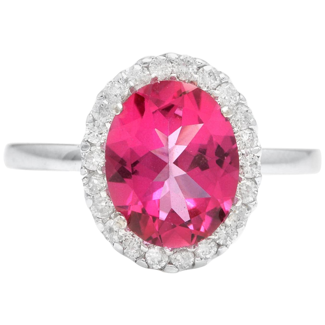 2.45 Carat Natural Pink Topaz and Diamond 14 Karat Solid White Gold Ring For Sale