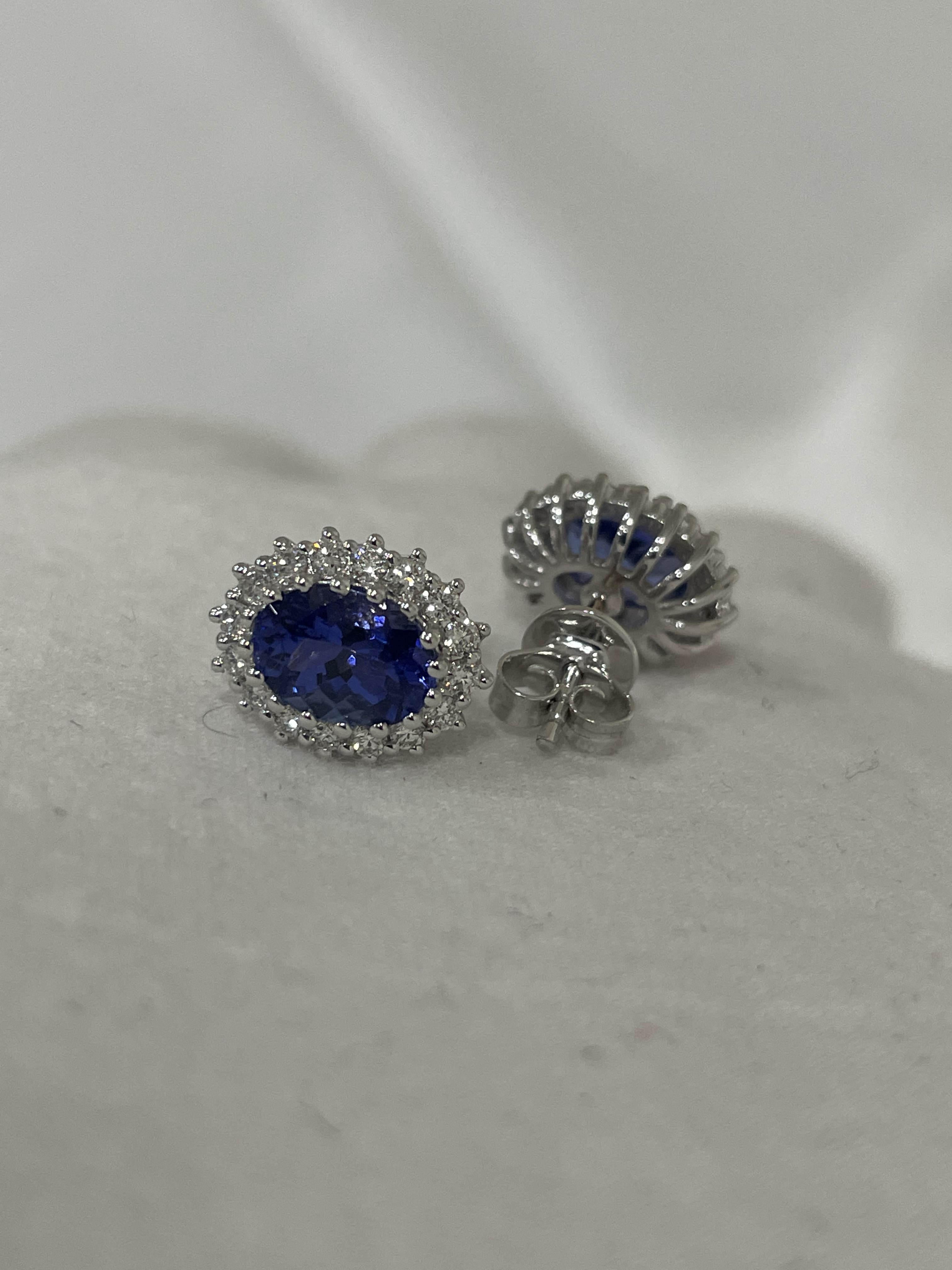 Oval Cut 2.45 Carat Oval Shaped Tanzanite Stud Earrings in 18K White Gold with Diamonds For Sale
