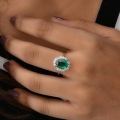 2.45 Carat Oval Zambian Emerald Birthstone Diamond Halo Ring 18k White Gold