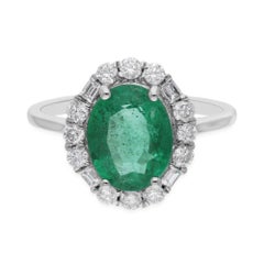 2.45 Carat Oval Zambian Emerald Birthstone Diamond Halo Ring 18k White Gold