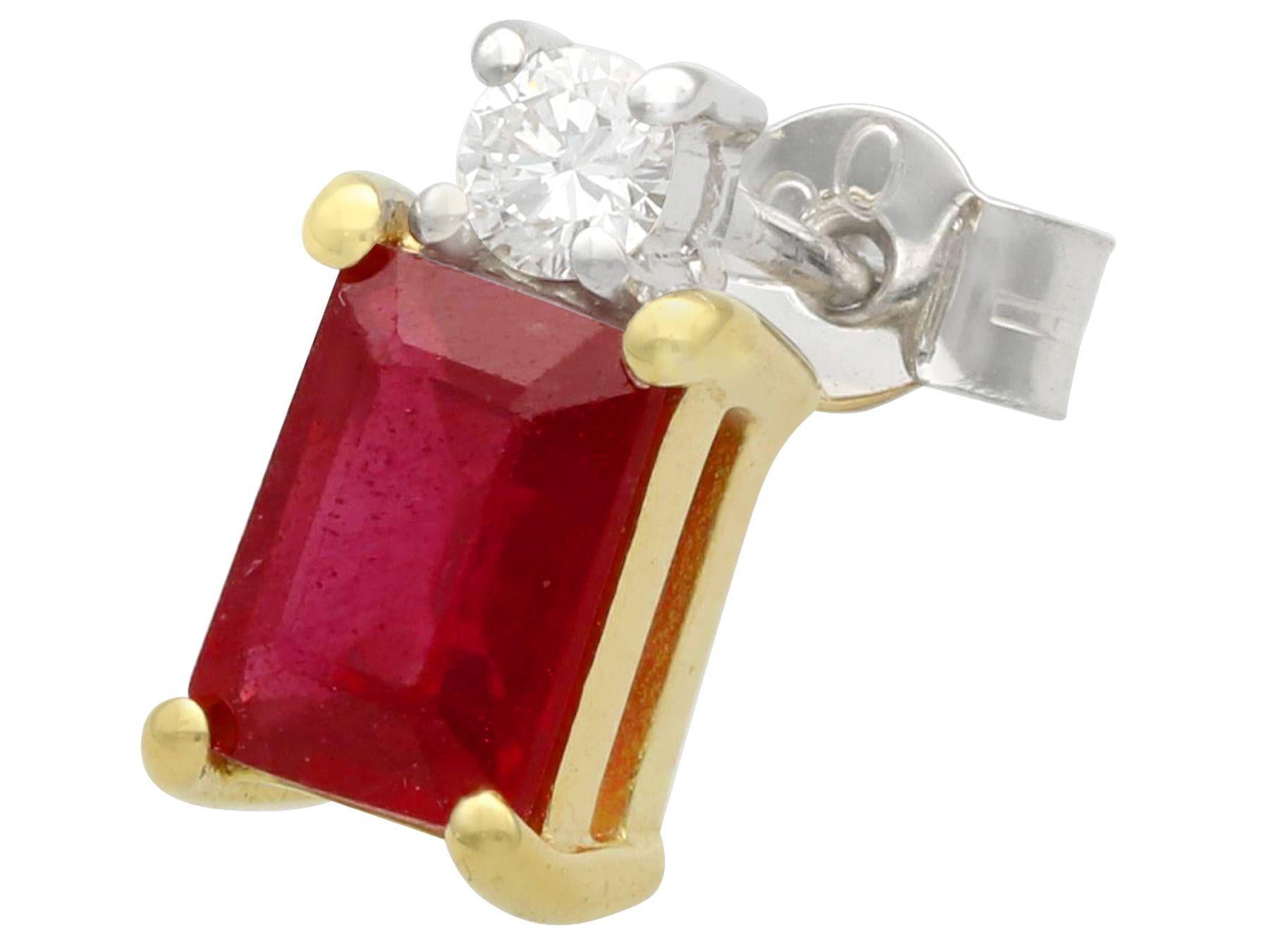 A fine and impressive pair of emerald cut 2.45 carat ruby and 0.18 carat diamond, 18 karat white gold and 18 karat yellow gold earrings; part of our diverse gemstone jewelry collections

These fine and impressive ruby earrings have been crafted in