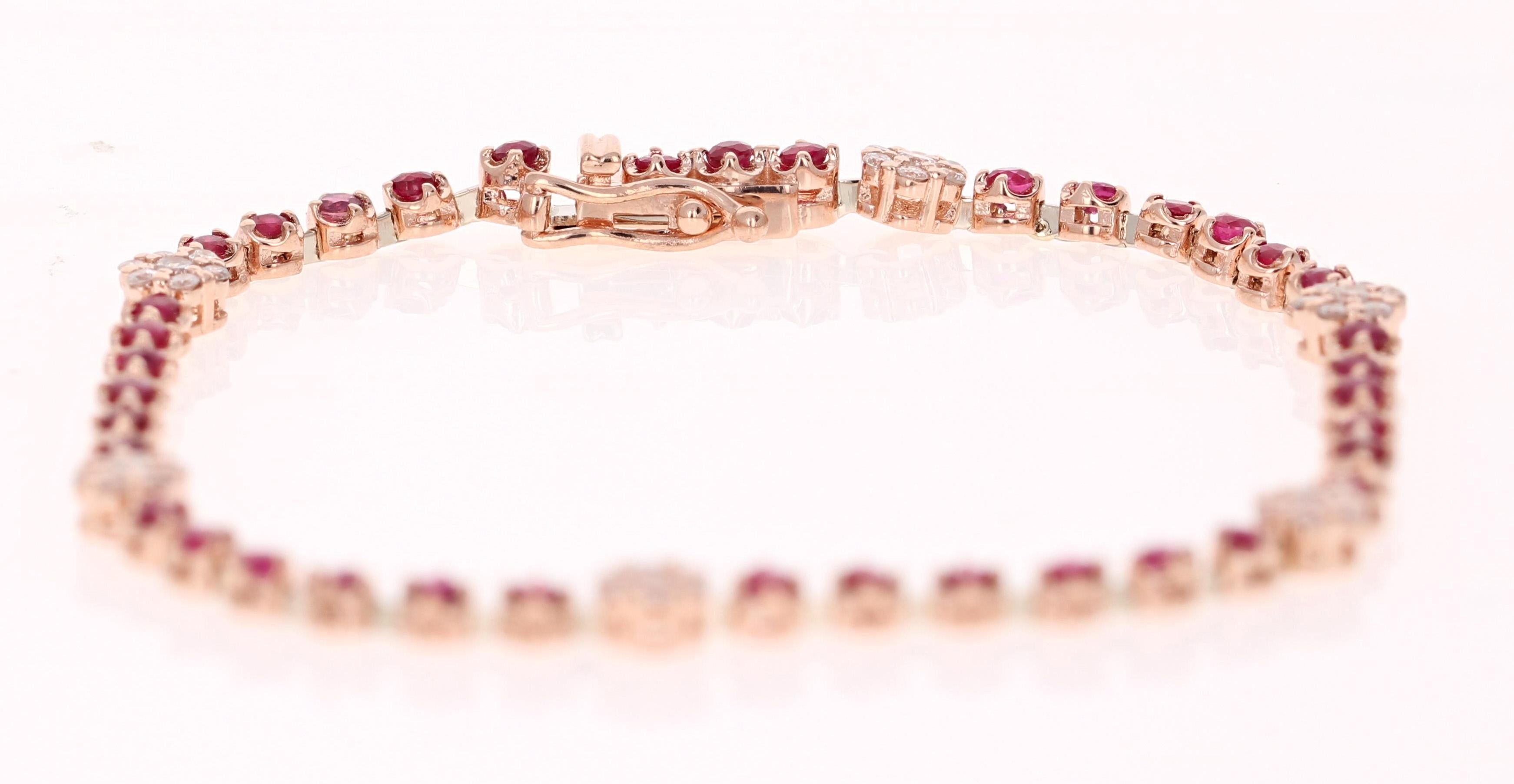 Dainty, Delicate, and Beautiful. 
A 14K Rose Gold Ruby and Diamond Bracelet with a flower design. 

The 38 Round Cut Rubies are 1.85 carats and the 42 Round Cut Diamonds are 0.60 carats, with a total carat weight of 2.45 carats. 

It has a gold gram