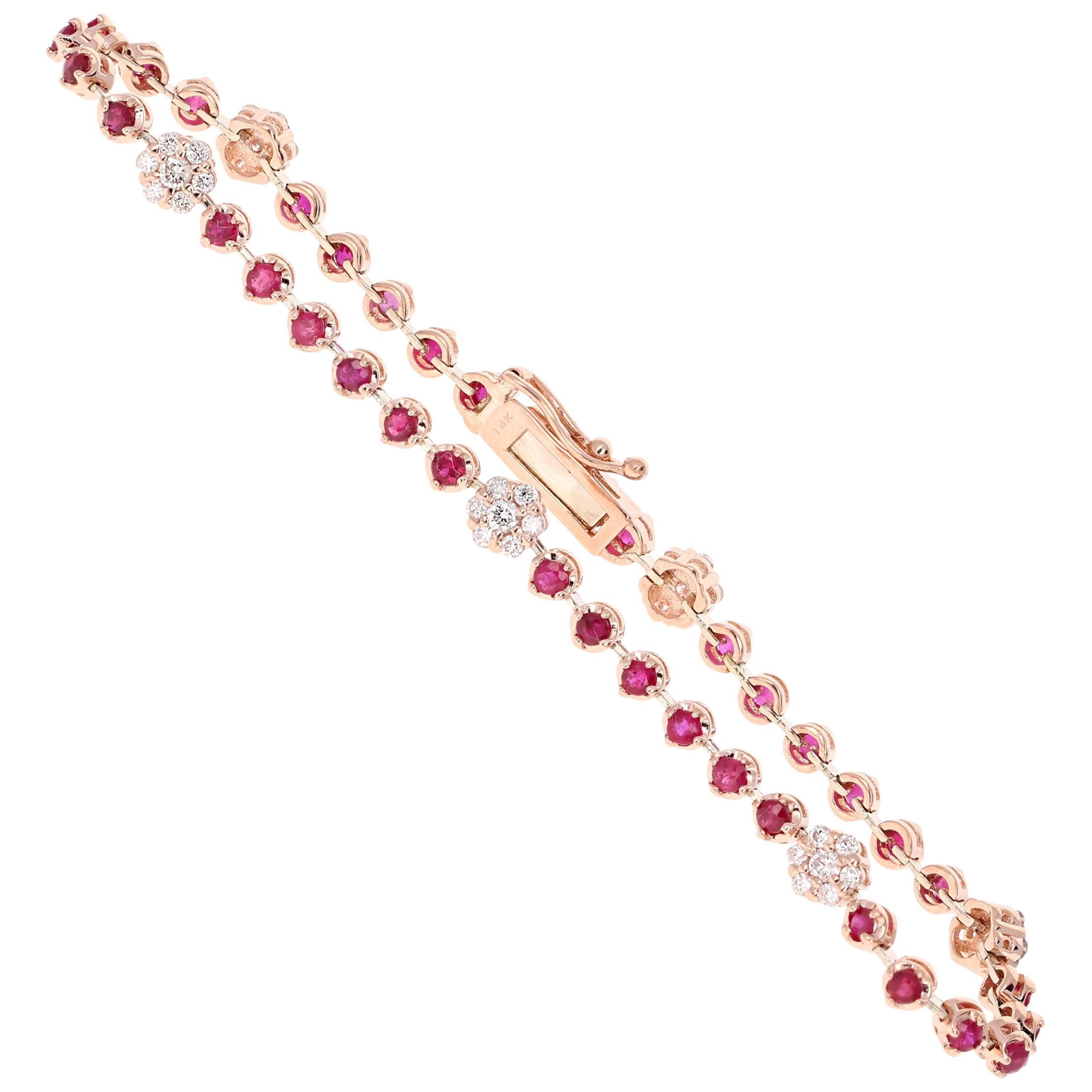 2.45 Carat Ruby Diamond Bracelet 14 Karat Rose Gold