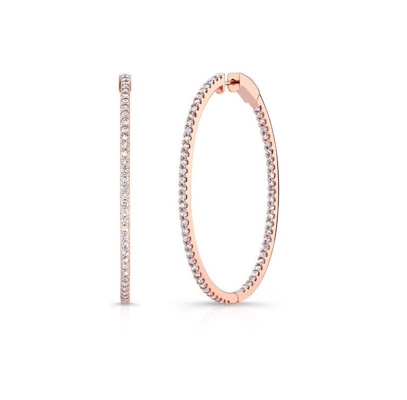 Contemporary 2.45 Carat Total Diamond in and Out Hoop Earrings in 14 Karat Rose Gold