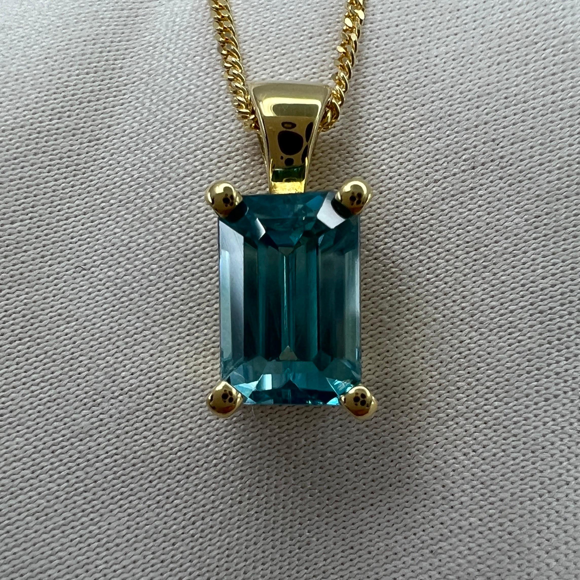2.45 Carat Vivid Neon Blue Zircon Emerald Cut 18k Yellow Gold Pendant Necklace For Sale 6