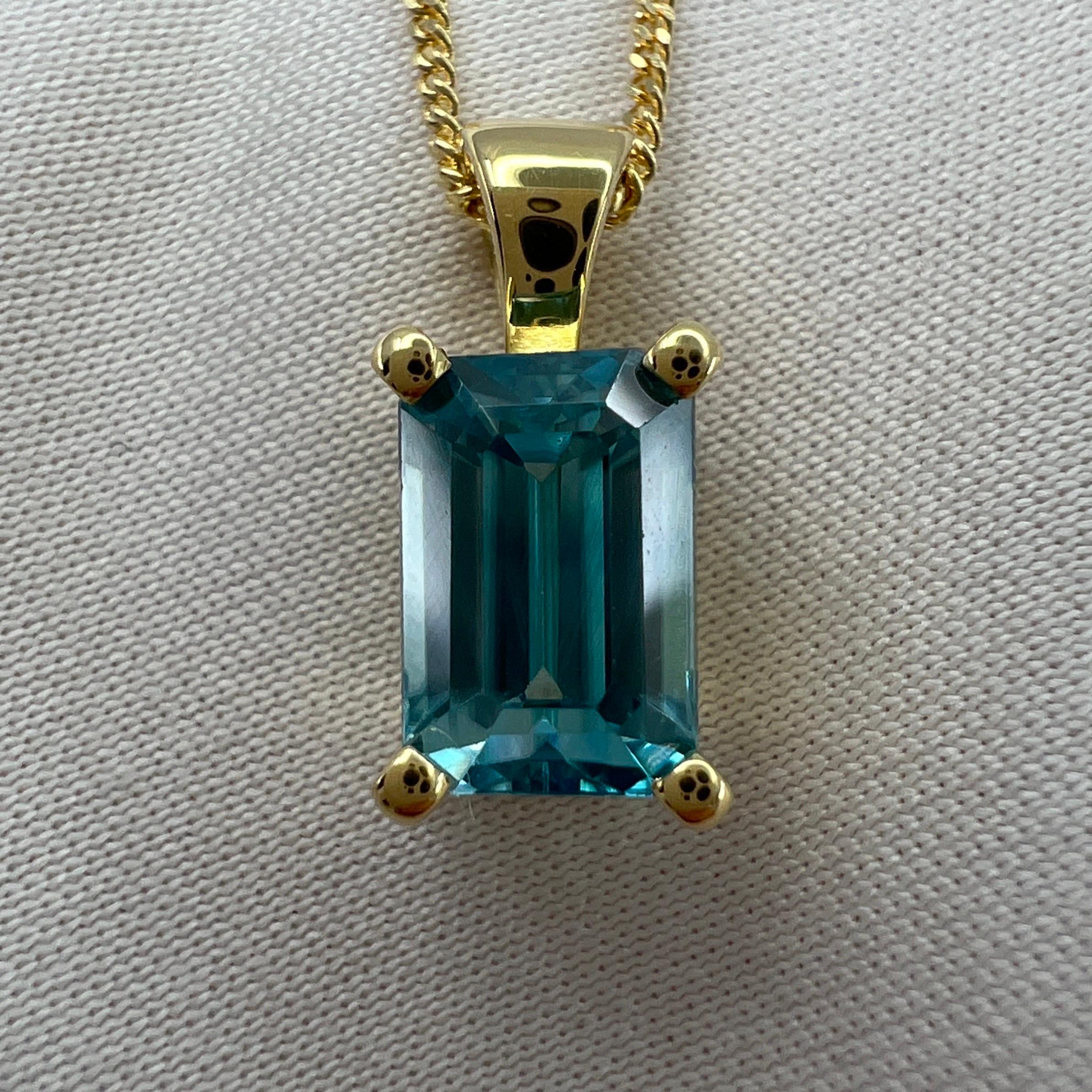 2.45 Carat Vivid Neon Blue Zircon Emerald Cut 18k Yellow Gold Pendant Necklace In New Condition For Sale In Birmingham, GB