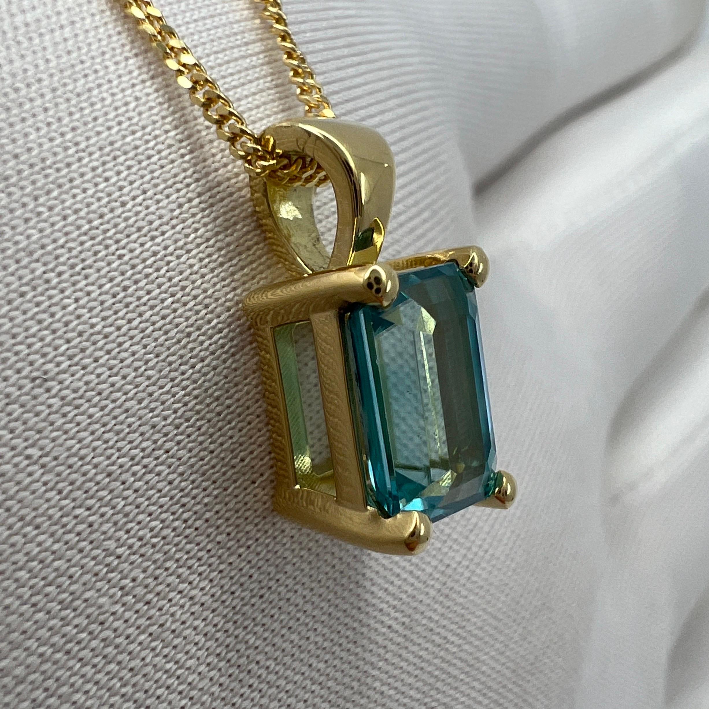 Women's or Men's 2.45 Carat Vivid Neon Blue Zircon Emerald Cut 18k Yellow Gold Pendant Necklace For Sale