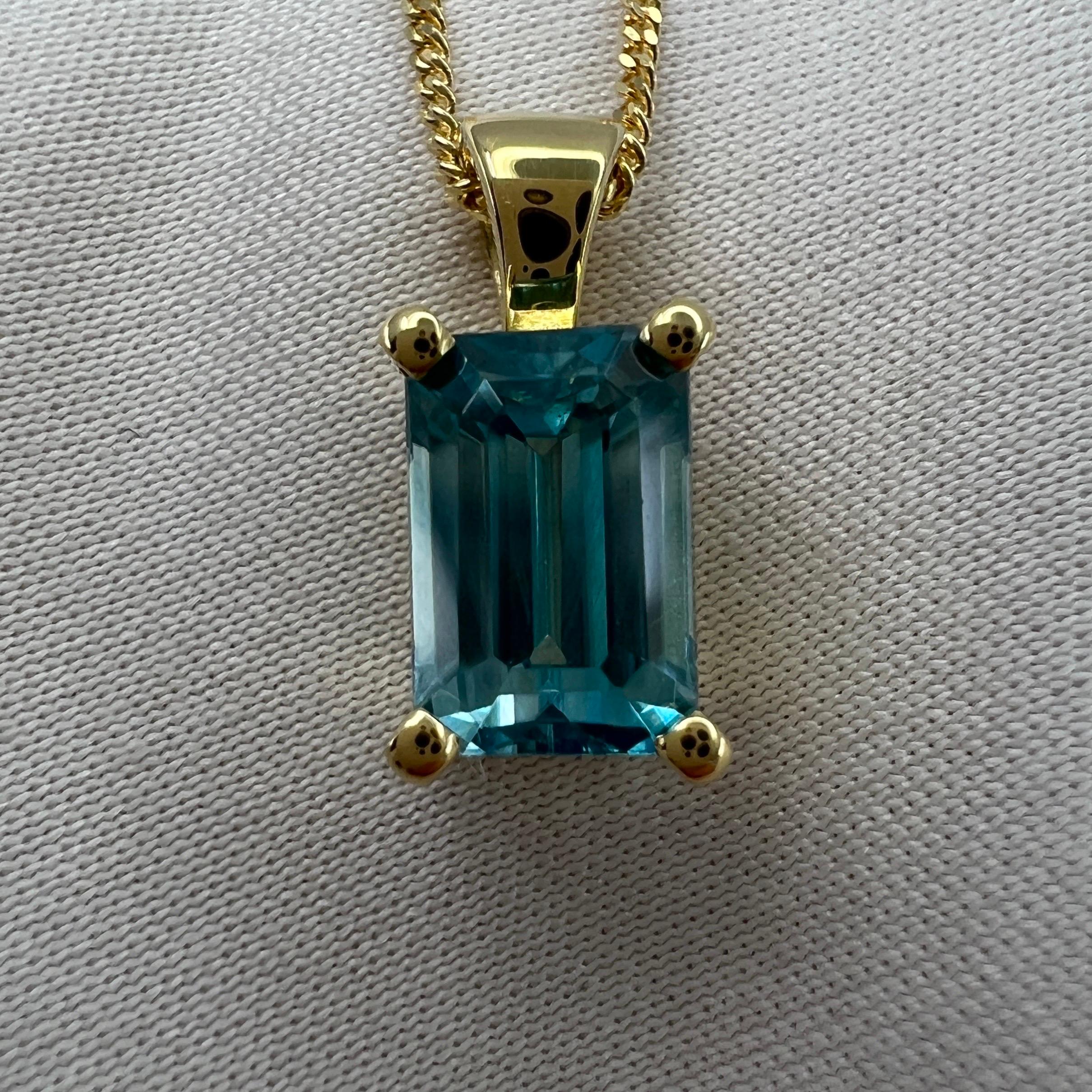 2.45 Carat Vivid Neon Blue Zircon Emerald Cut 18k Yellow Gold Pendant Necklace For Sale 1