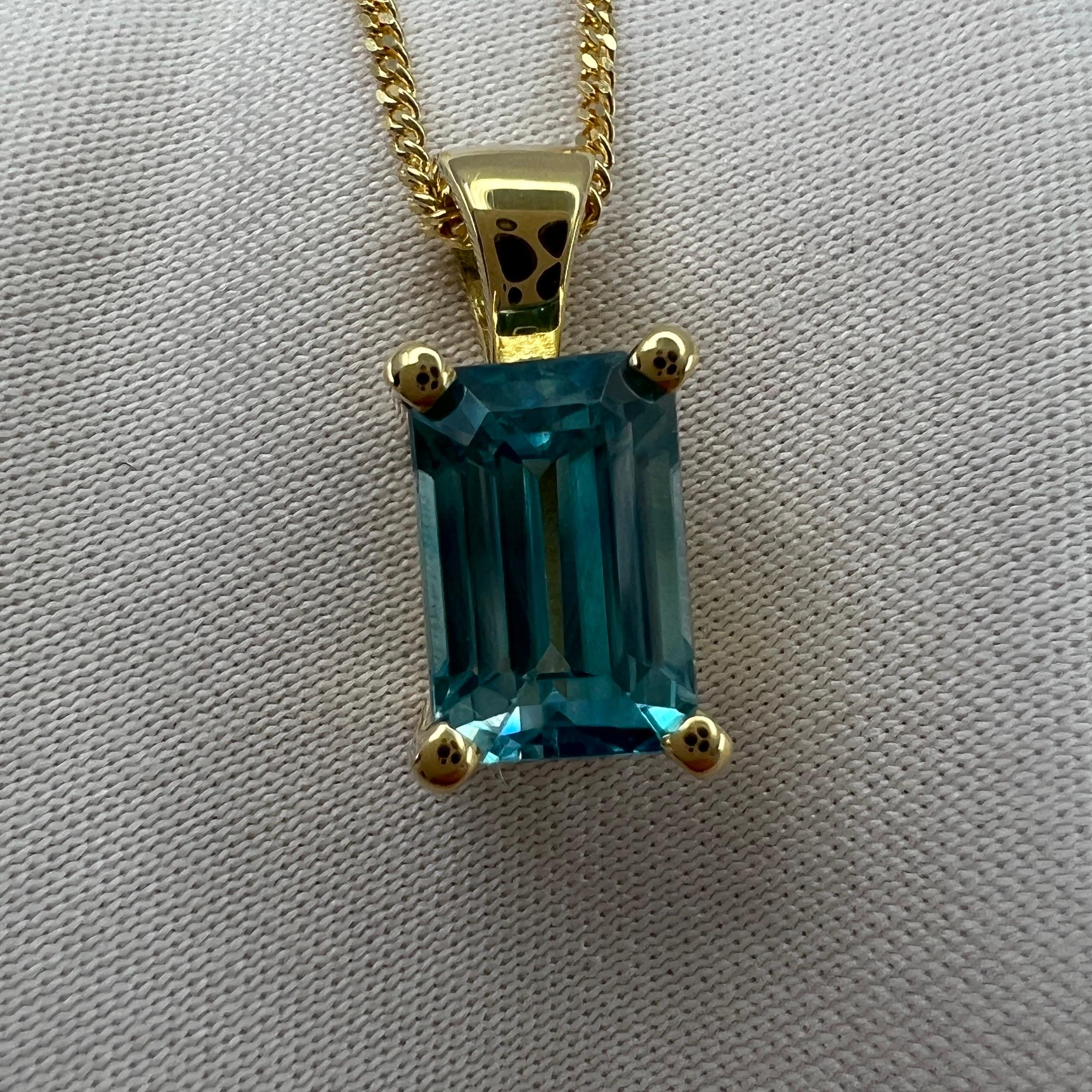 2.45 Carat Vivid Neon Blue Zircon Emerald Cut 18k Yellow Gold Pendant Necklace For Sale 3