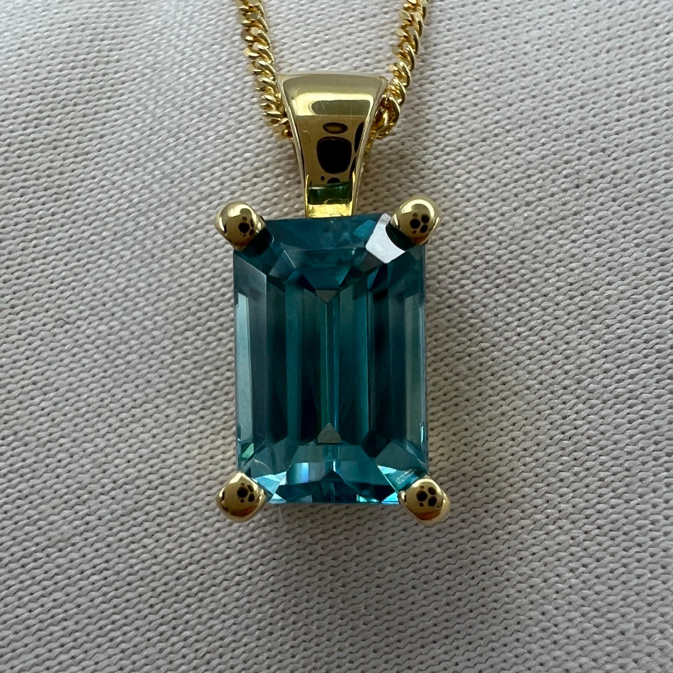 2.45 Carat Vivid Neon Blue Zircon Emerald Cut 18k Yellow Gold Pendant Necklace For Sale 4