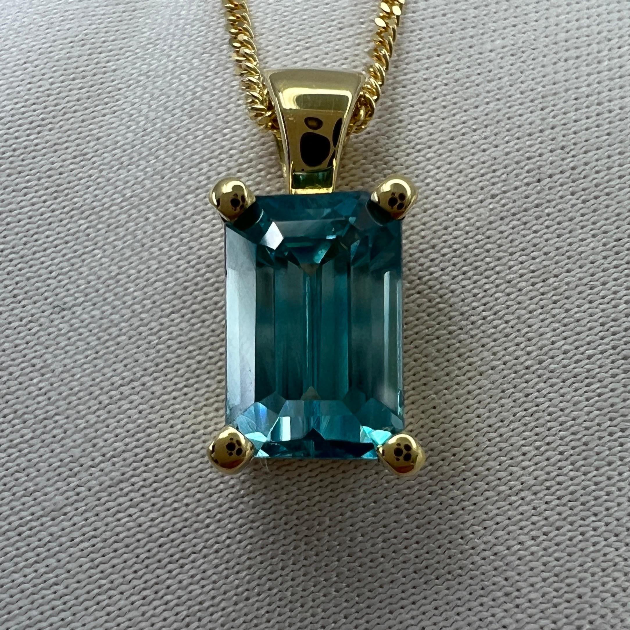 2.45 Carat Vivid Neon Blue Zircon Emerald Cut 18k Yellow Gold Pendant Necklace For Sale 5