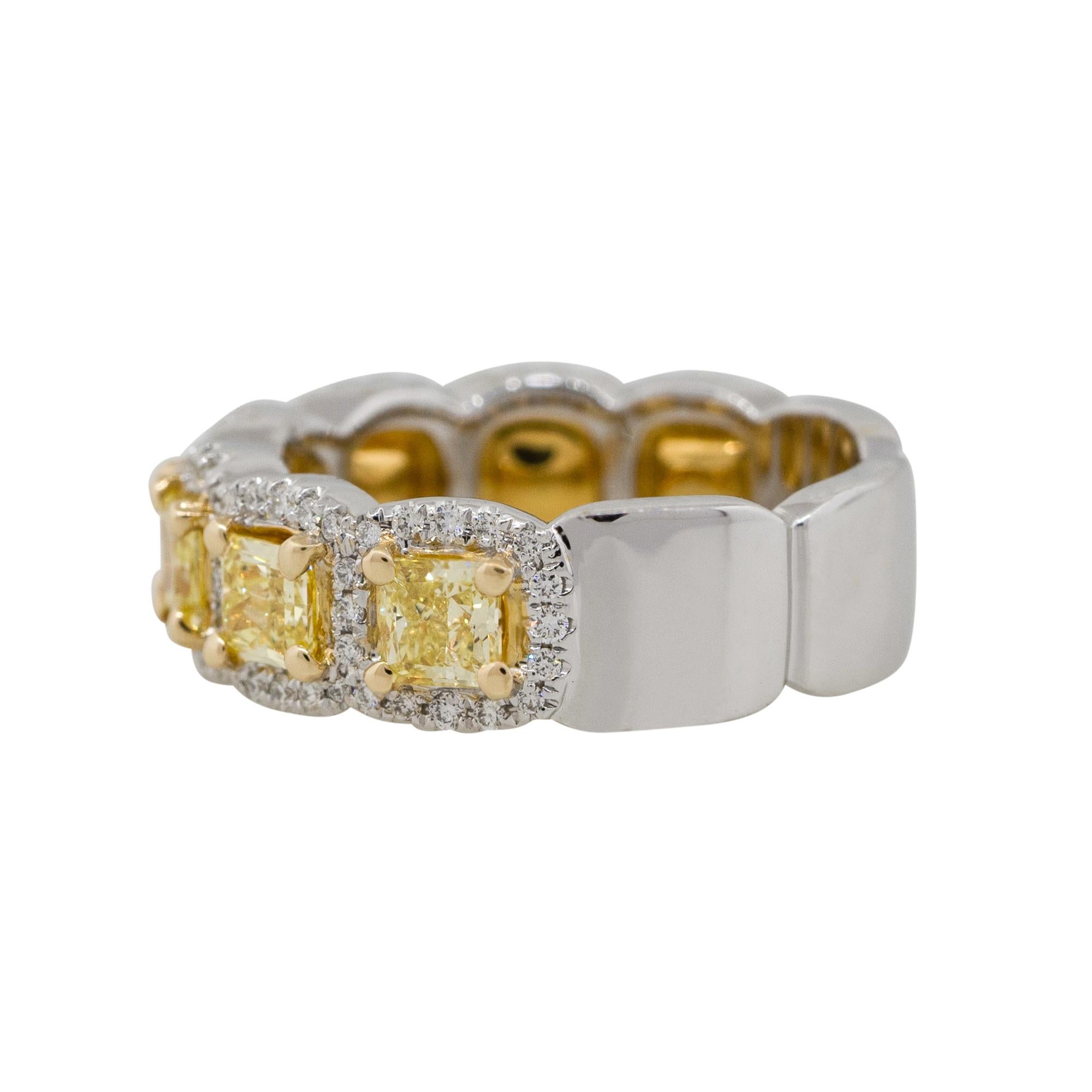 Material: 18k yellow & white gold
Diamond Details: Approx. 2.05ctw of cushion cut Diamonds. Diamonds are Fancy Yellow in color and VS in clarity
                             Approx. 0.40ctw of round cut Diamonds. Diamonds are G/H in color and VS in