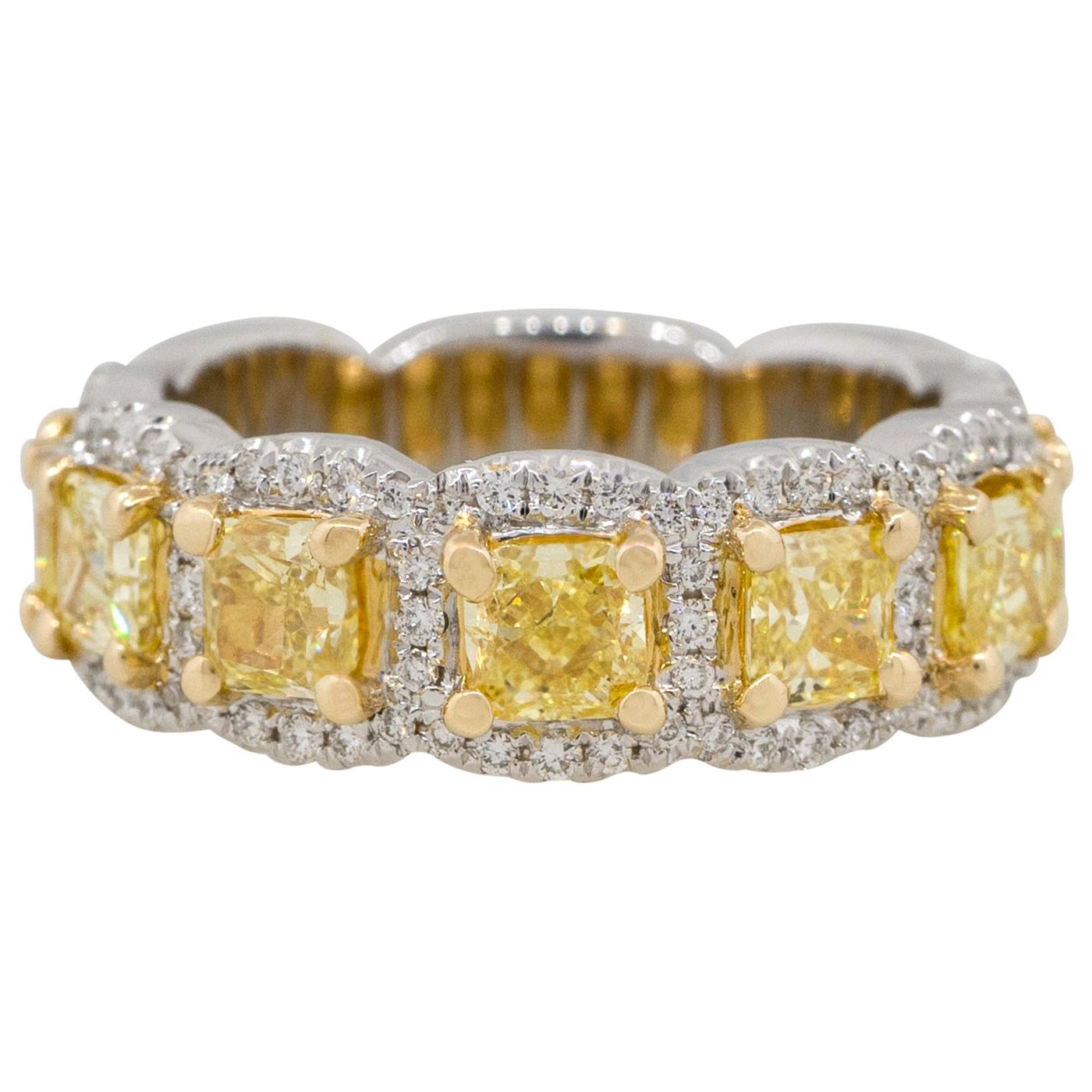 2.45 Carat Yellow and White Diamond Halo Ring 18 Karat in Stock For Sale