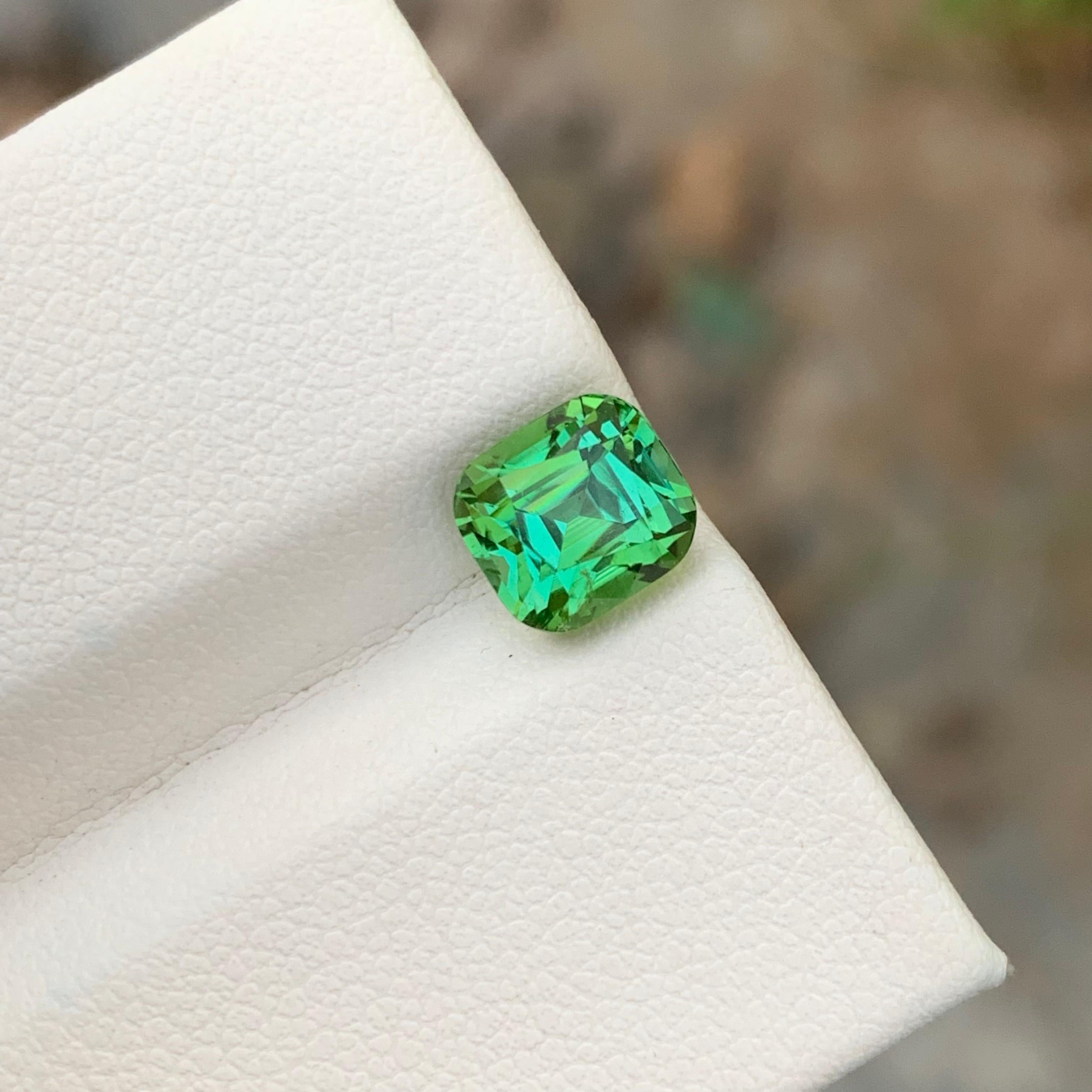 Faceted Tourmaline 
Weight: 2.45 Carats 
Dimension: 7.4x6.7x6.4 Mm
Origin: Kunar Afghanistan 
Shape; Cushion 
Color; Mintgreen 
Certficate: On Customer demand
Mint green tourmaline is a mesmerizing gemstone renowned for its exquisite color and
