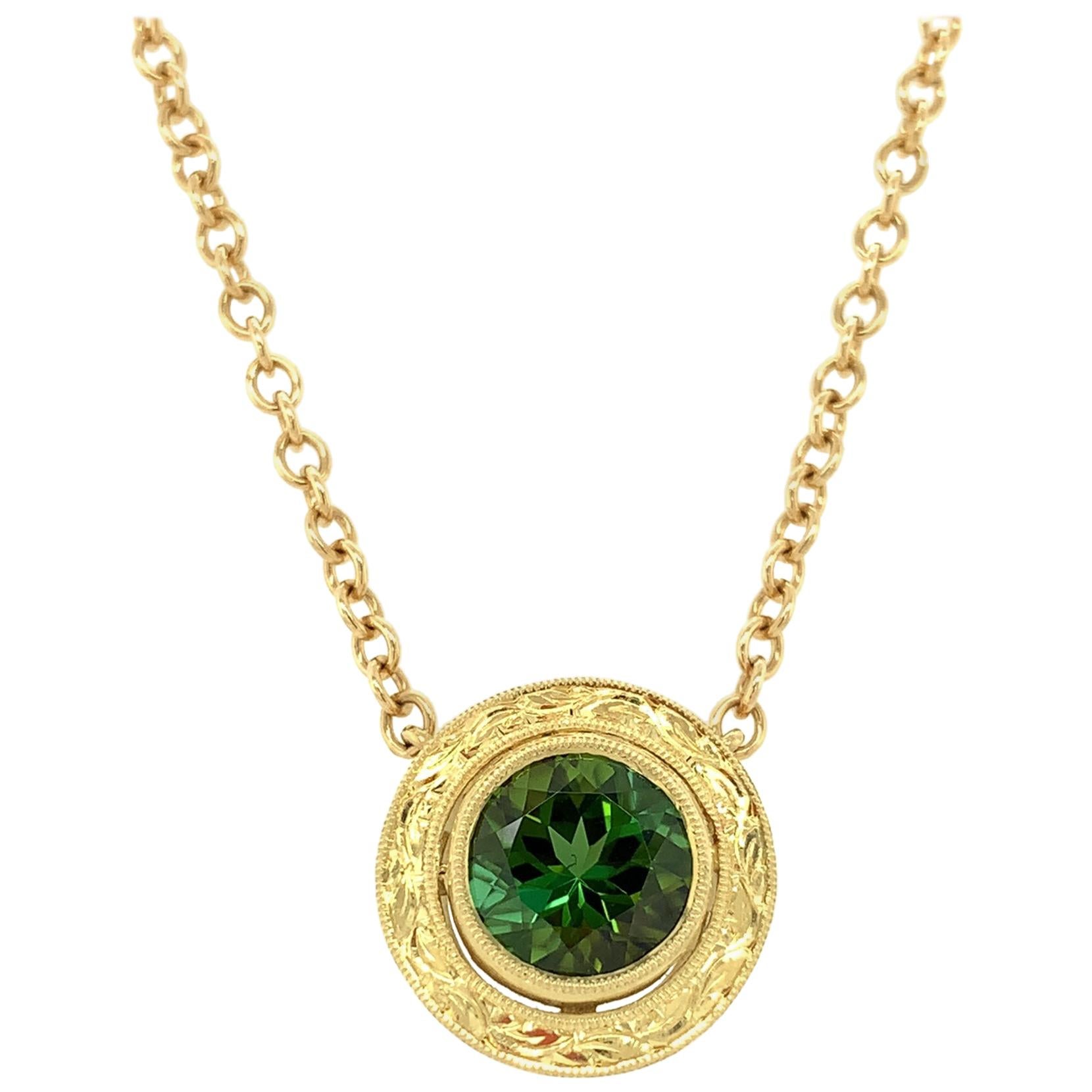 Green Tourmaline and Engraved Yellow Gold Bezel Necklace, 2.45 Carats For Sale