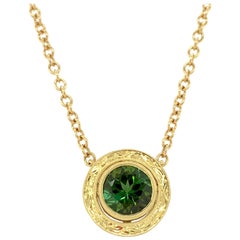 Green Tourmaline and Engraved Yellow Gold Bezel Necklace, 2.45 Carats