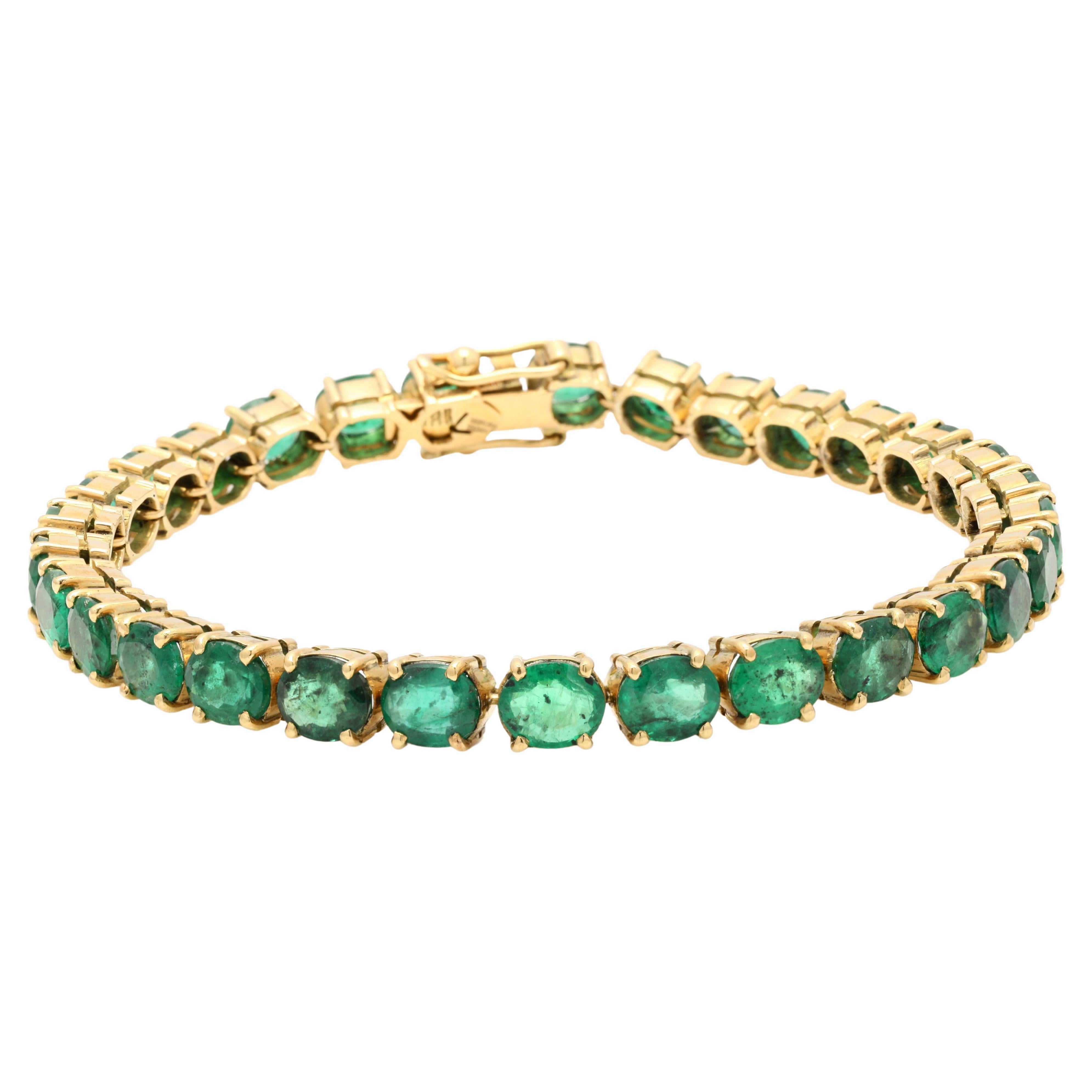 24.5ct Oval Green Emerald Gemstone Bracelet Inlaid in 14K Yellow Gold Settings For Sale