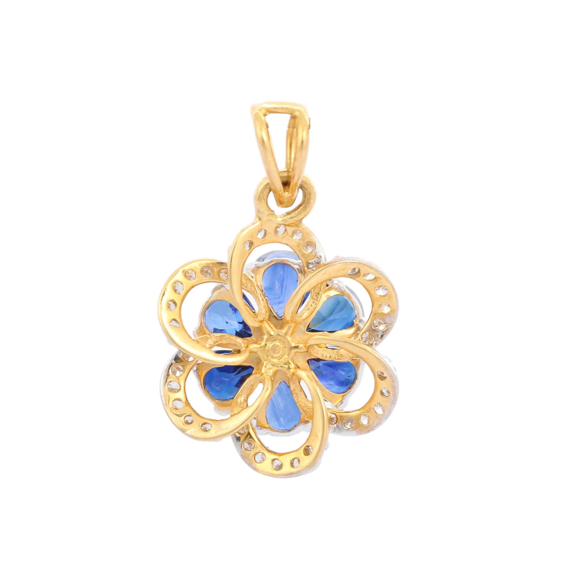 Pear Cut 2.45 Ct Pear Sapphire and Diamond Flower Pendant in 18K Yellow Gold For Sale