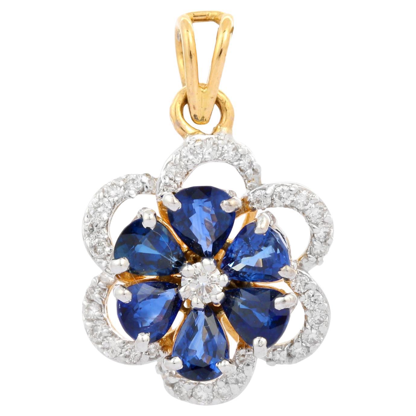 2.45 Ct Pear Sapphire and Diamond Flower Pendant in 18K Yellow Gold