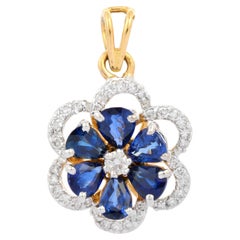 2.45 Ct Pear Cut Sapphire and Diamond Floral Charm Pendant in 18K Yellow Gold