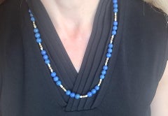 24.5 Inch 8.3mm Lapis Beads, Gold Beads, and Pearl Necklace, 14kt Barrel Clasp