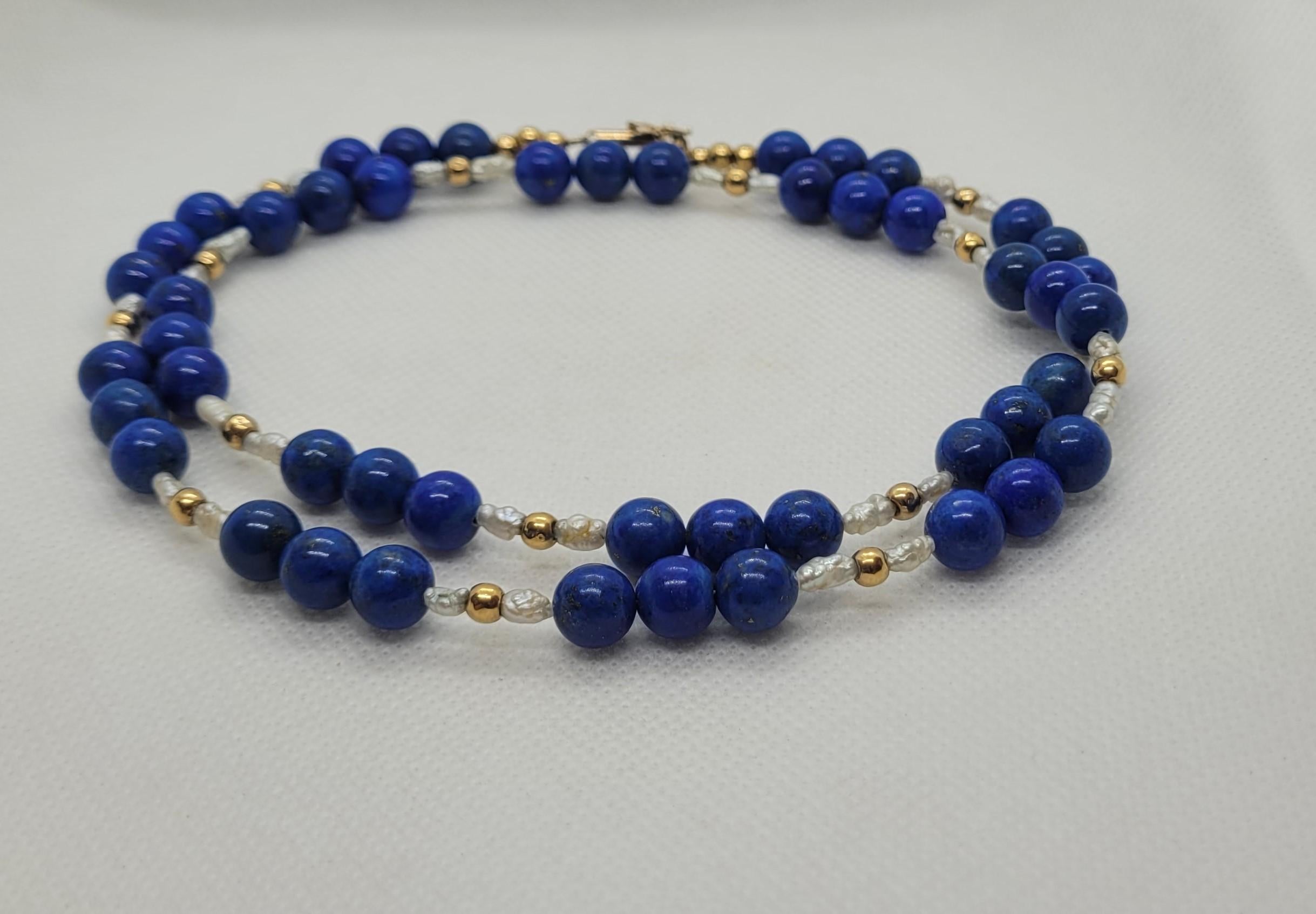 Modern 24.5 Inch 8.3mm Lapis Beads, Gold Beads, and Pearl Necklace, 14kt Barrel Clasp For Sale