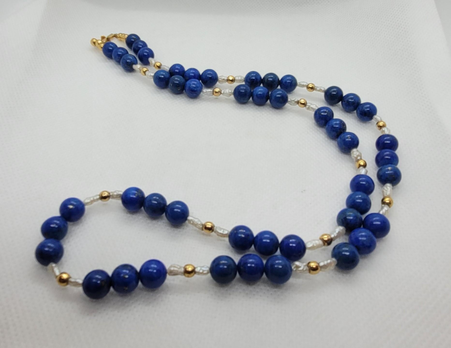 Round Cut 24.5 Inch 8.3mm Lapis Beads, Gold Beads, and Pearl Necklace, 14kt Barrel Clasp For Sale