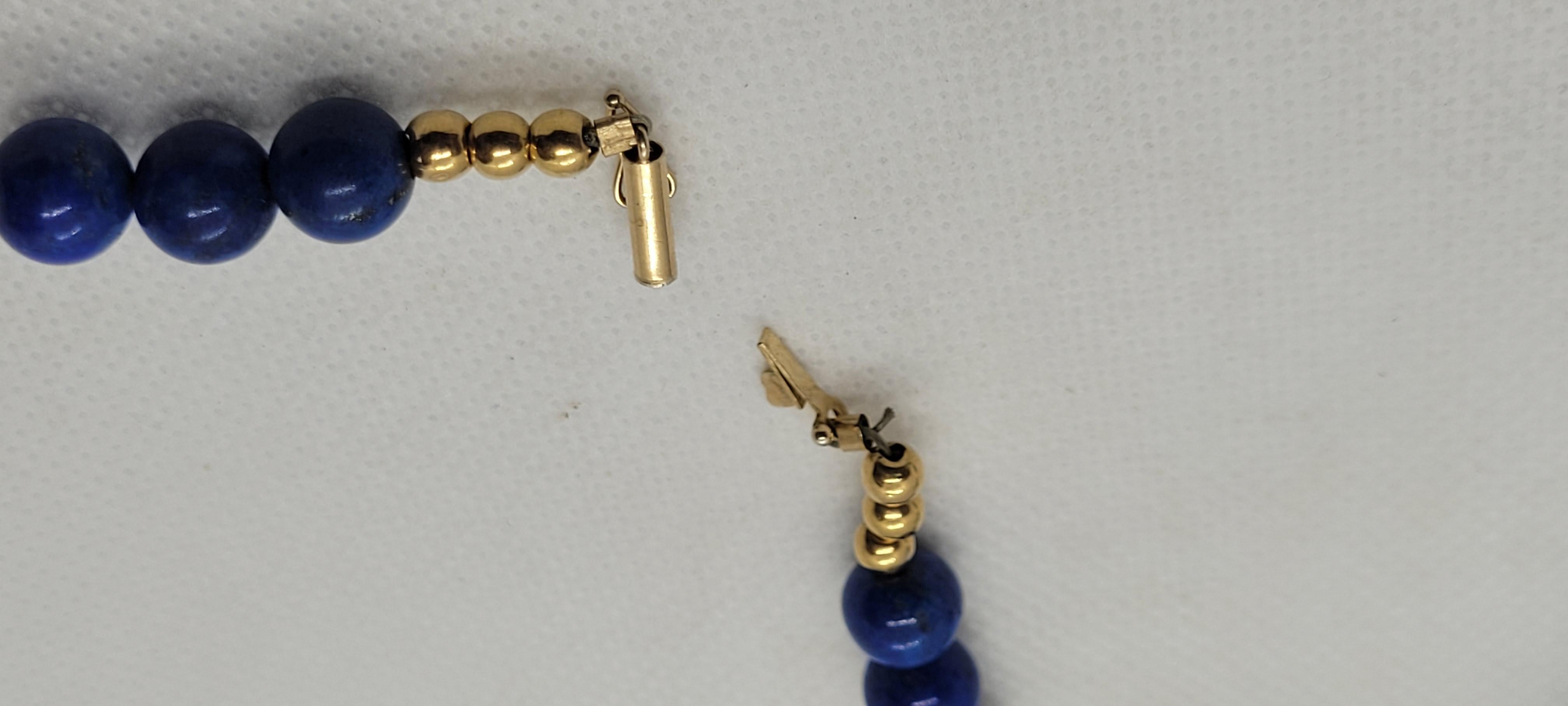 Women's 24.5 Inch 8.3mm Lapis Beads, Gold Beads, and Pearl Necklace, 14kt Barrel Clasp For Sale