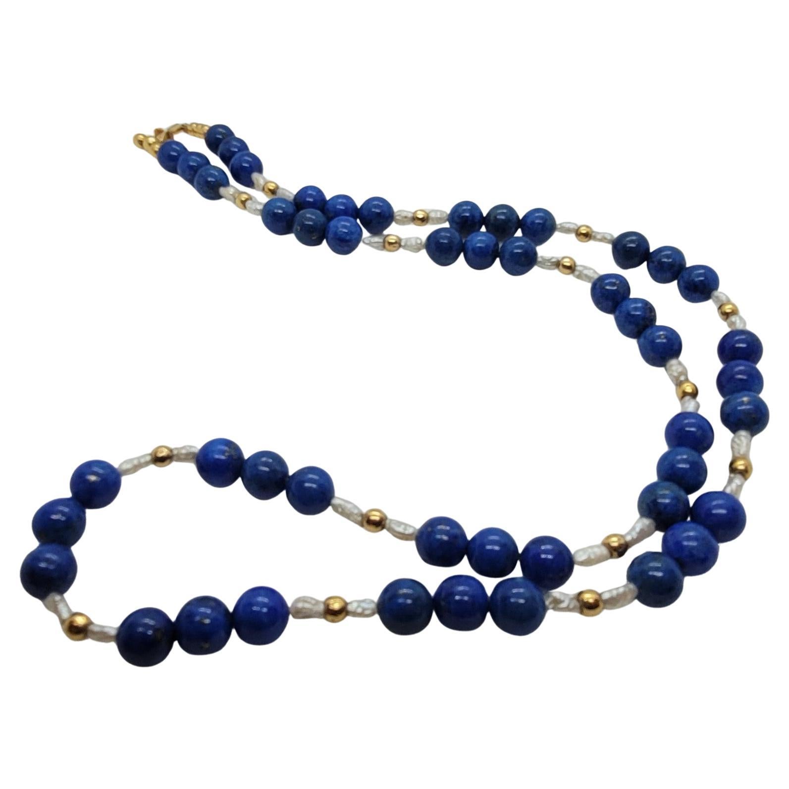 24.5 Inch 8.3mm Lapis Beads, Gold Beads, and Pearl Necklace, 14kt Barrel Clasp